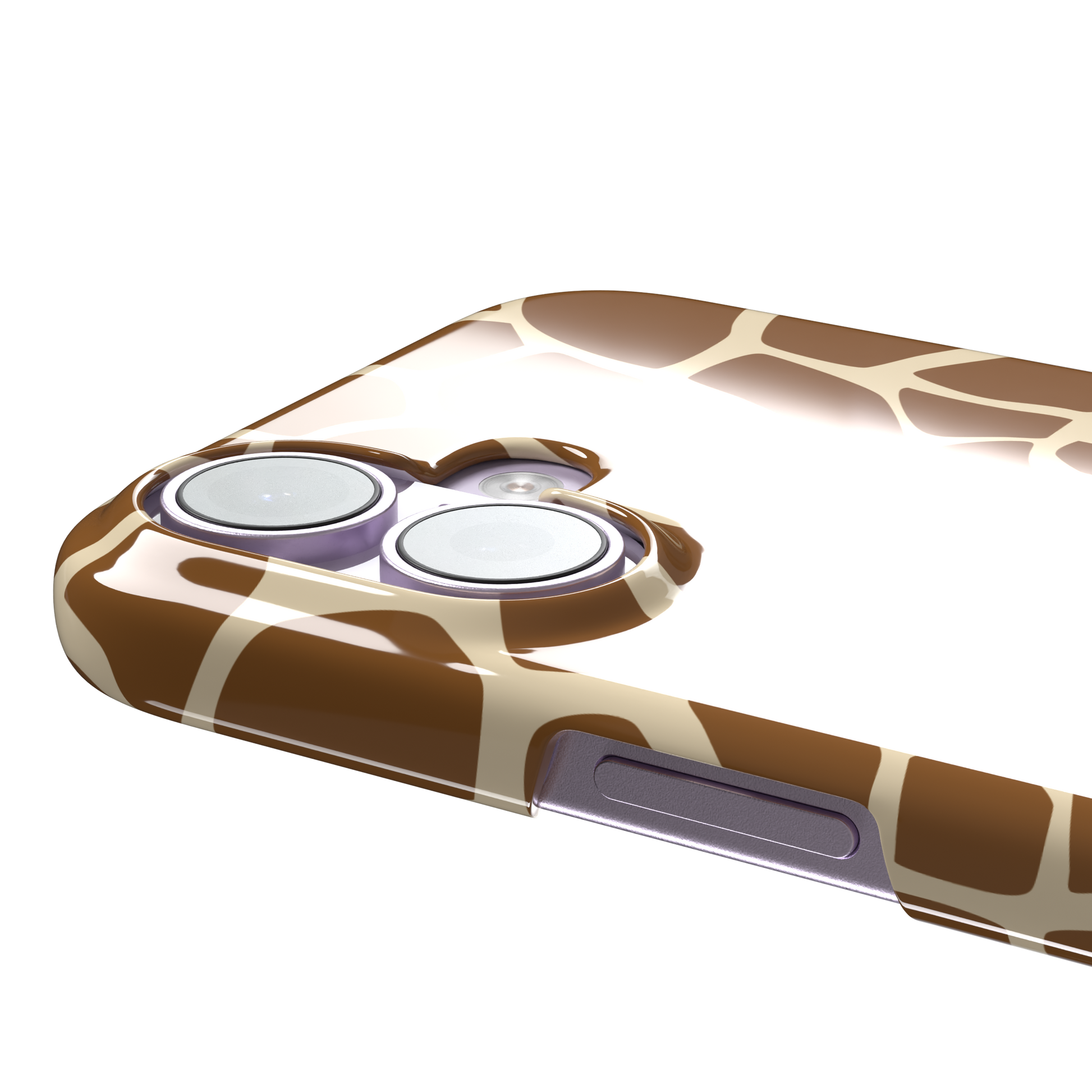Giraffe print phone case in golden brown and cream mosaic pattern, phone case by Caselier — snap case, volume buttons detail