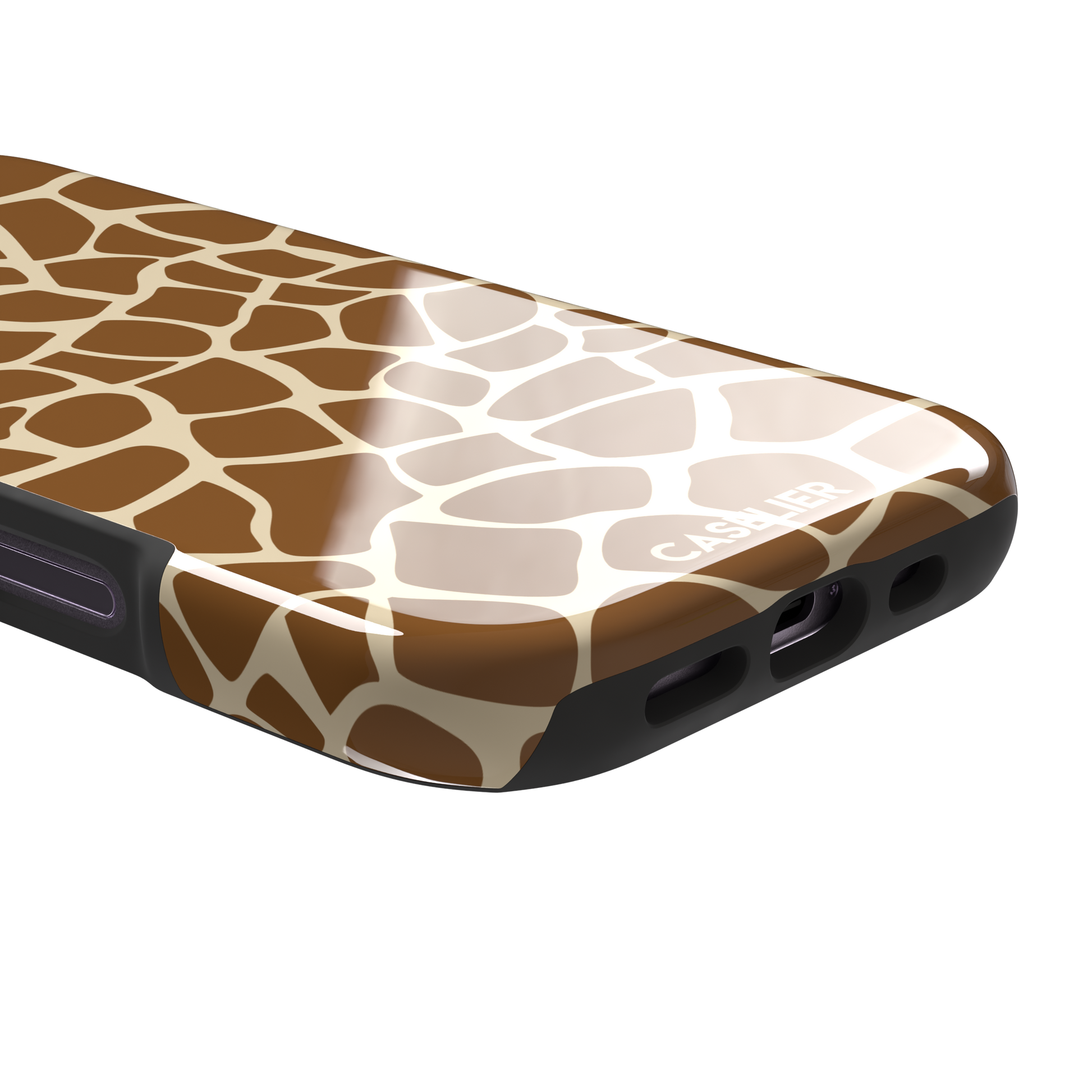 Giraffe print phone case in golden brown and cream mosaic pattern, phone case by Caselier — tough case, charging port detail