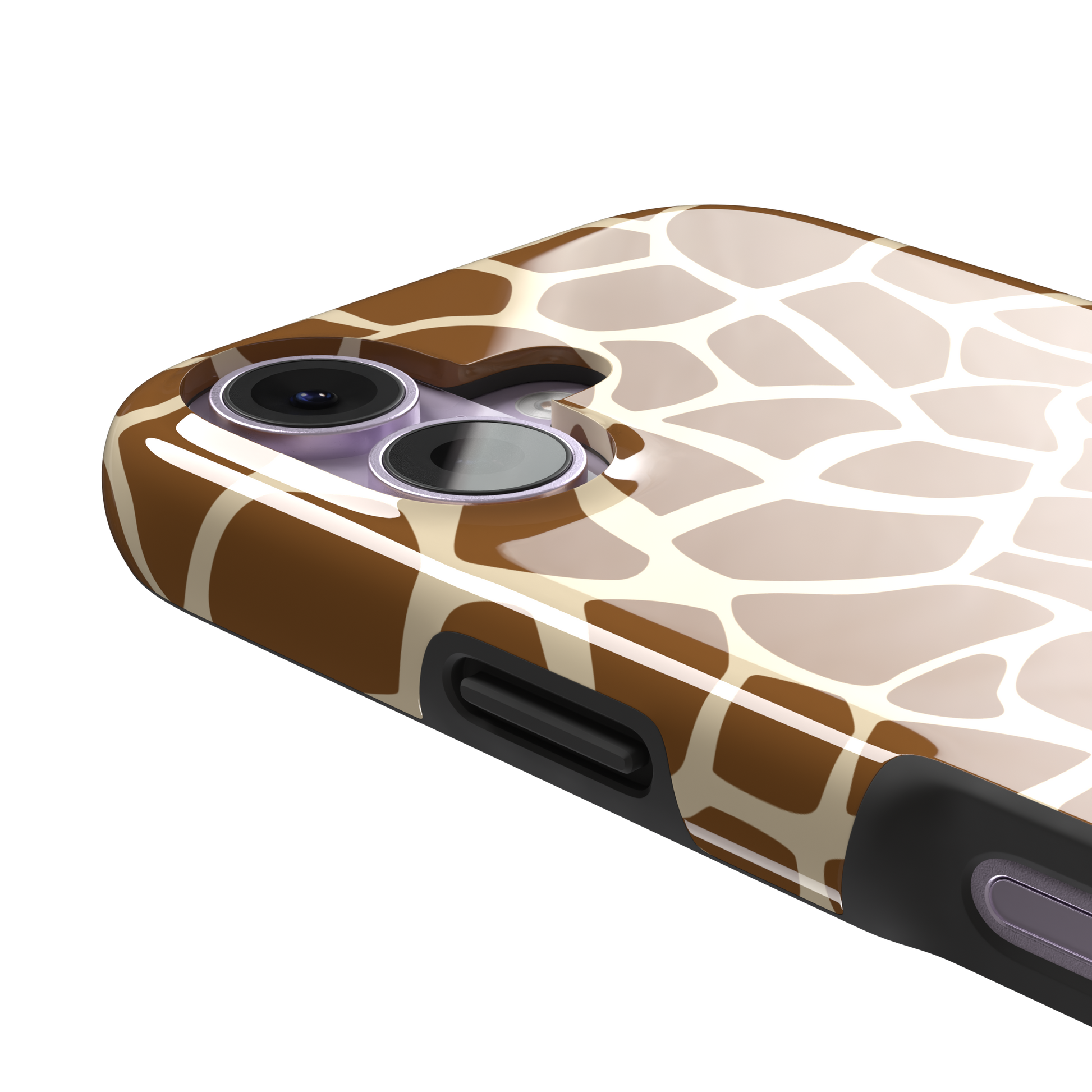 Giraffe print phone case in golden brown and cream mosaic pattern, phone case by Caselier — tough case, volume buttons detail