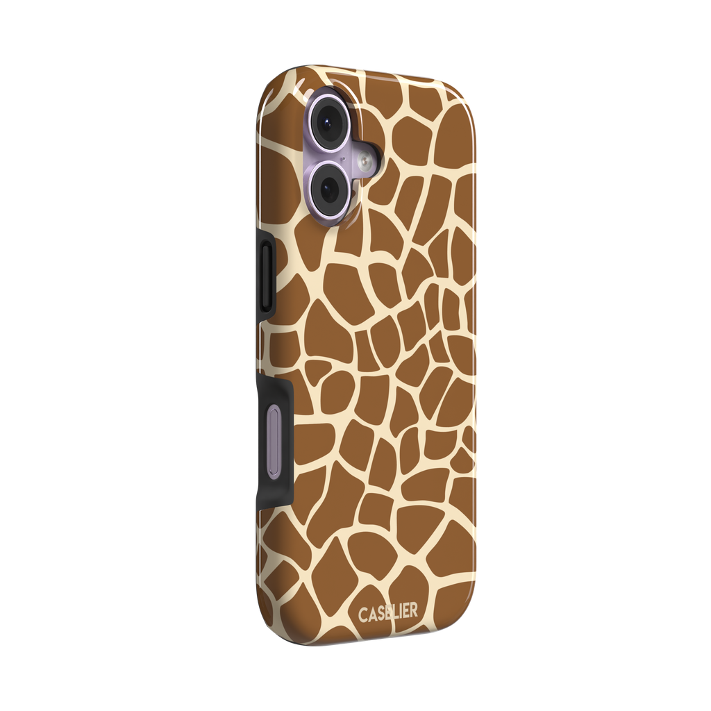 Giraffe print phone case in golden brown and cream mosaic pattern, phone case by Caselier — tough case, left view