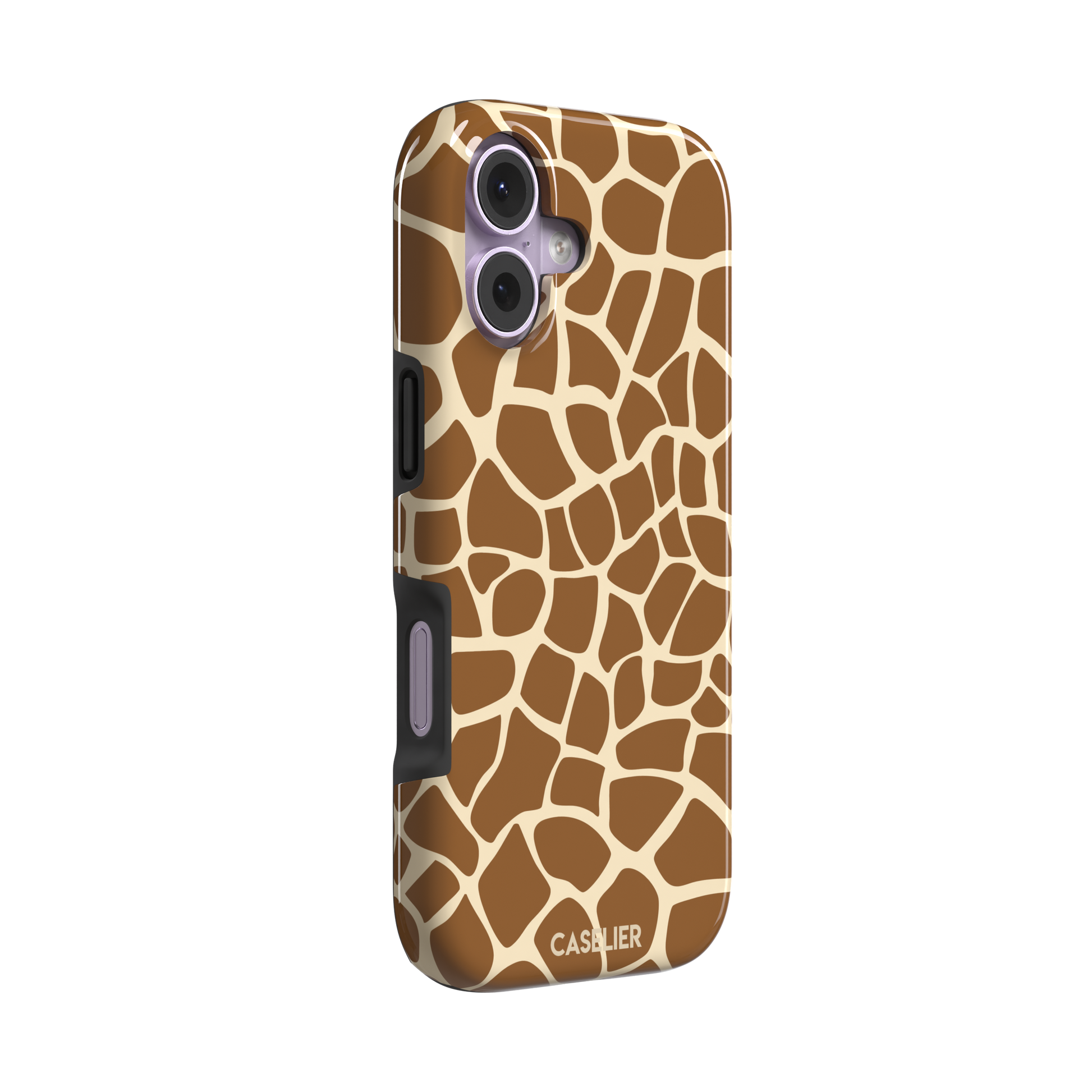 Giraffe print phone case in golden brown and cream mosaic pattern, phone case by Caselier — tough case, left view