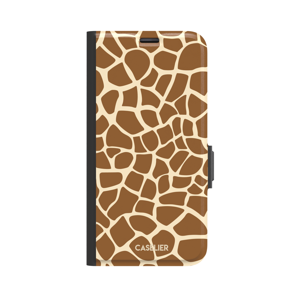 Giraffe print phone case in golden brown and cream mosaic pattern, phone case by Caselier — wallet case, front view