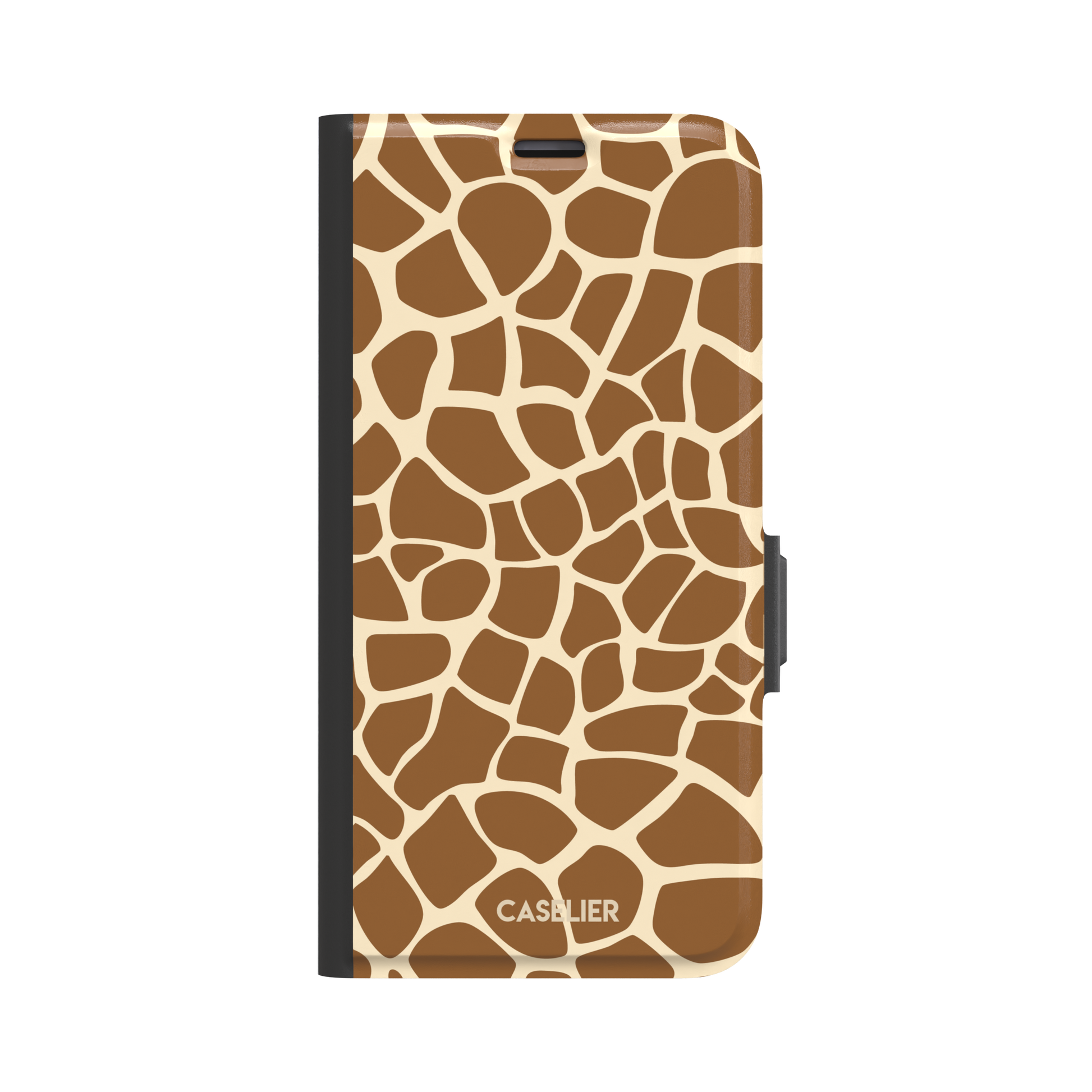 Giraffe print phone case in golden brown and cream mosaic pattern, phone case by Caselier — wallet case, front view