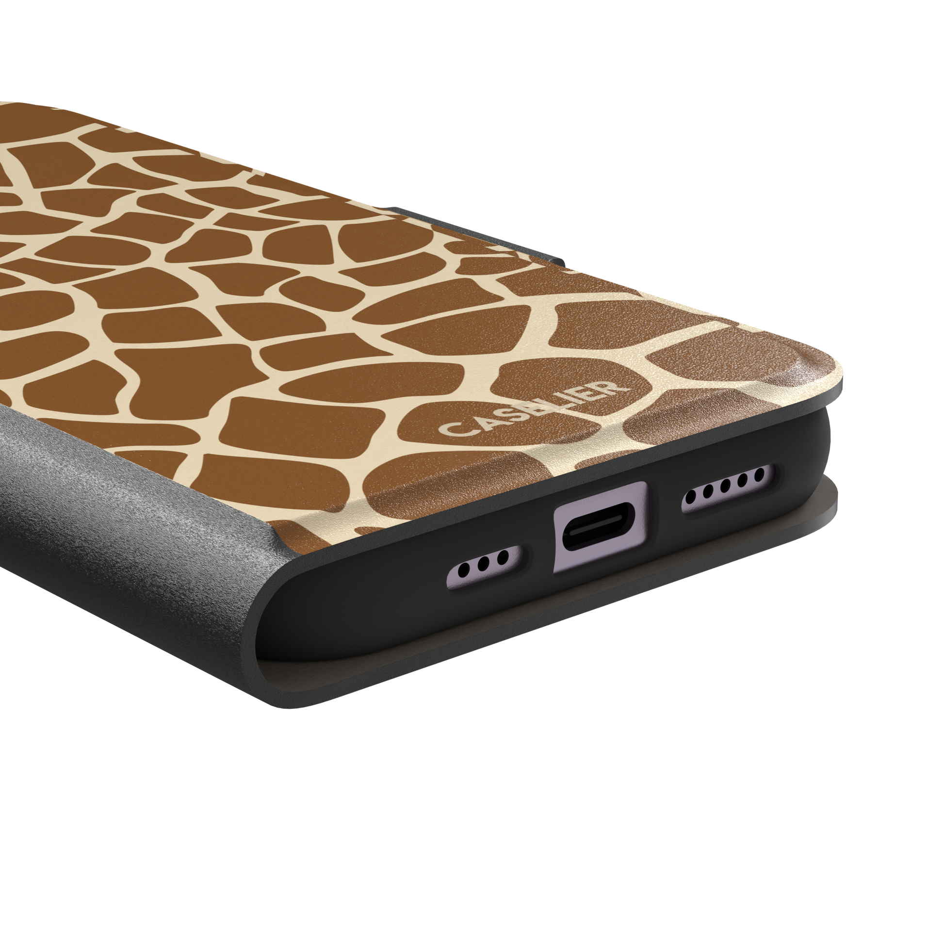 Giraffe print phone case in golden brown and cream mosaic pattern, phone case by Caselier — wallet case, charging port detail