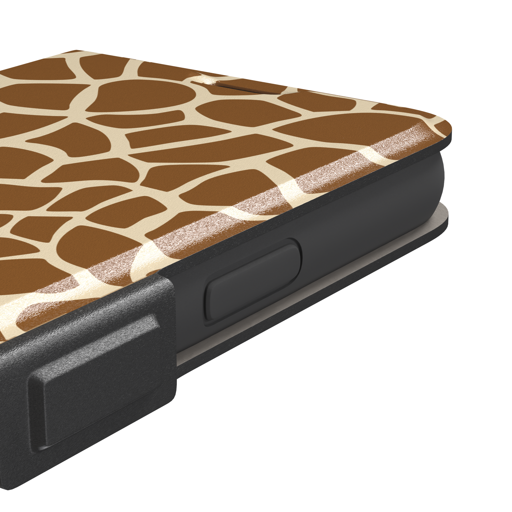 Giraffe print phone case in golden brown and cream mosaic pattern, phone case by Caselier — wallet case, volume buttons detail