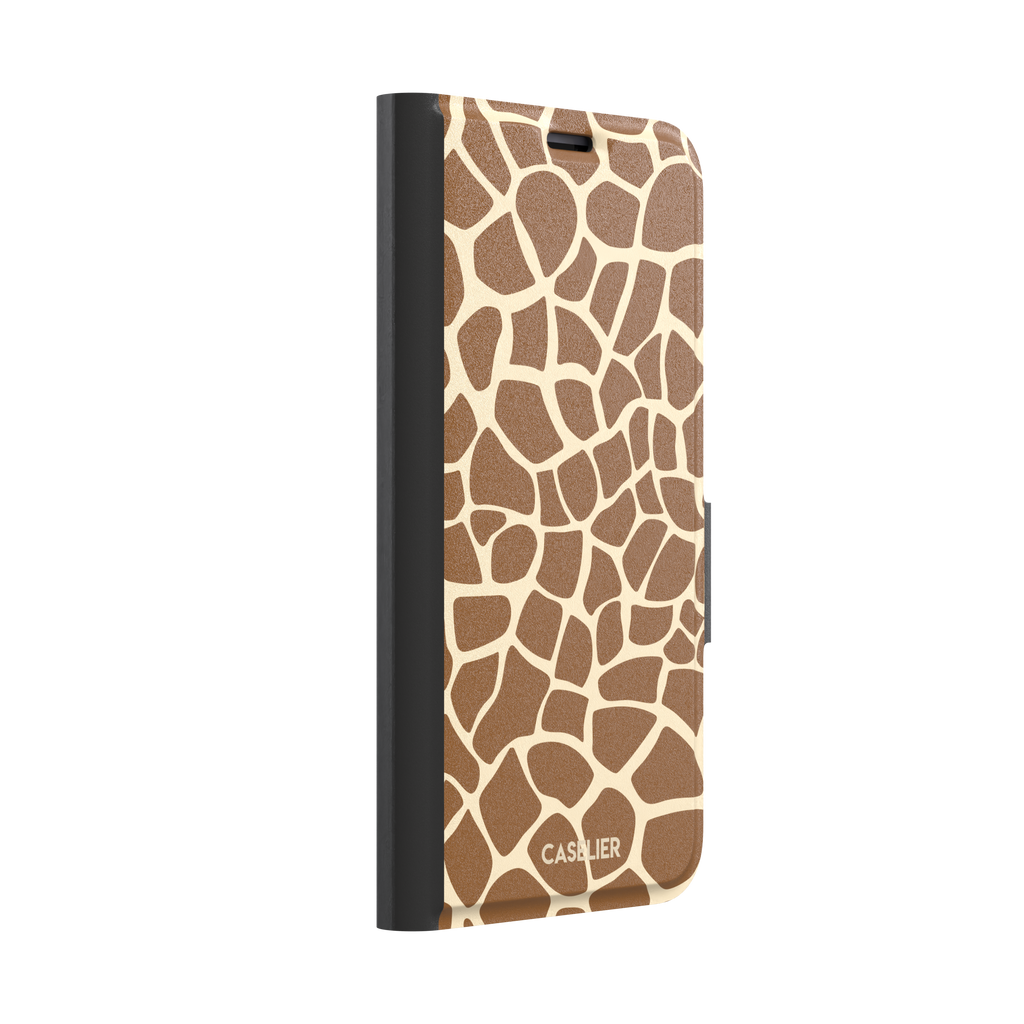 Giraffe print phone case in golden brown and cream mosaic pattern, phone case by Caselier — wallet case, left view