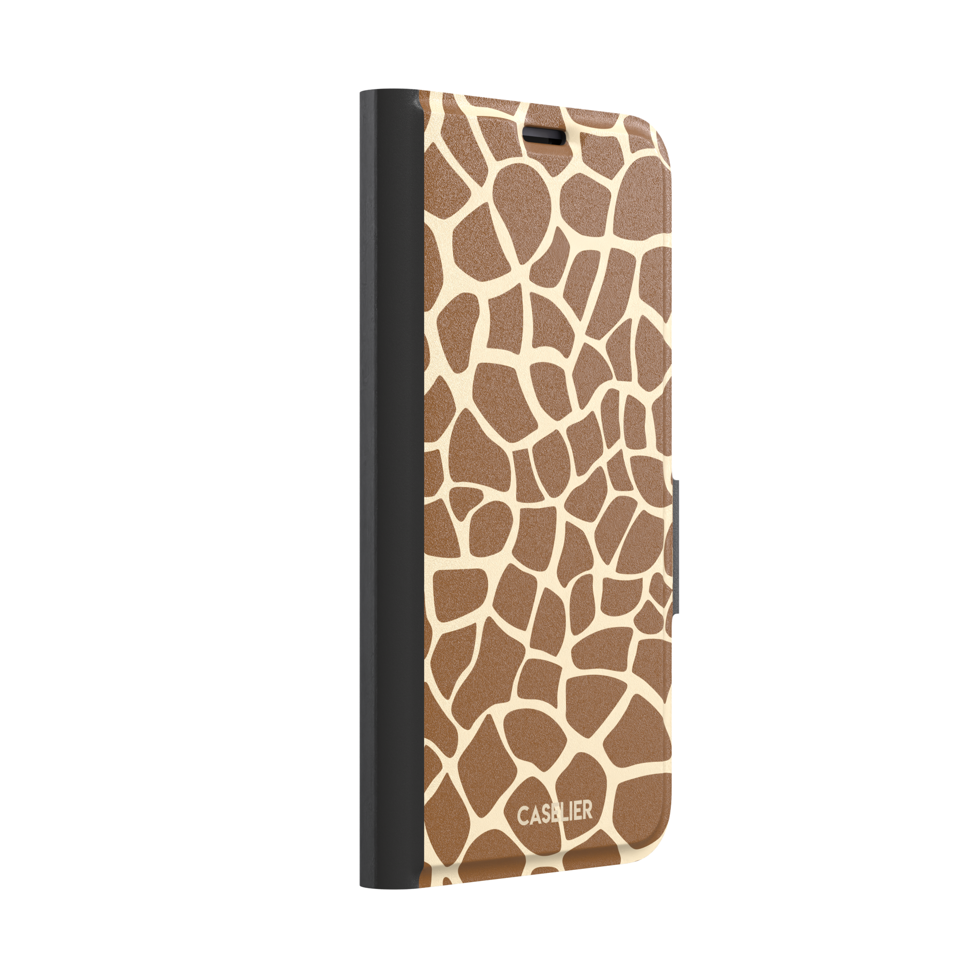 Giraffe print phone case in golden brown and cream mosaic pattern, phone case by Caselier — wallet case, left view