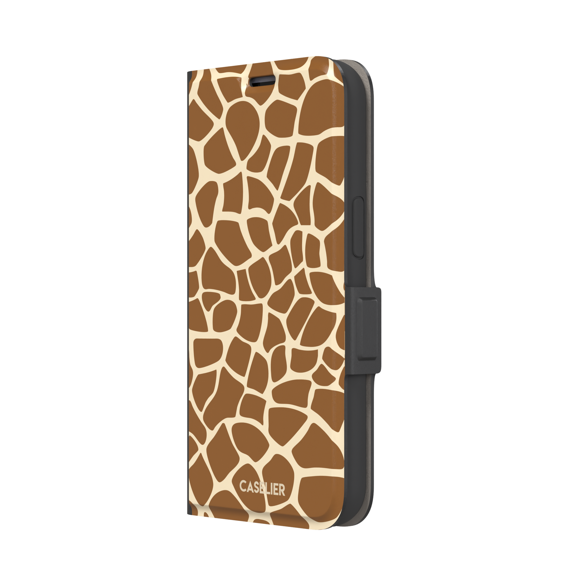 Giraffe print phone case in golden brown and cream mosaic pattern, phone case by Caselier — wallet case, right view