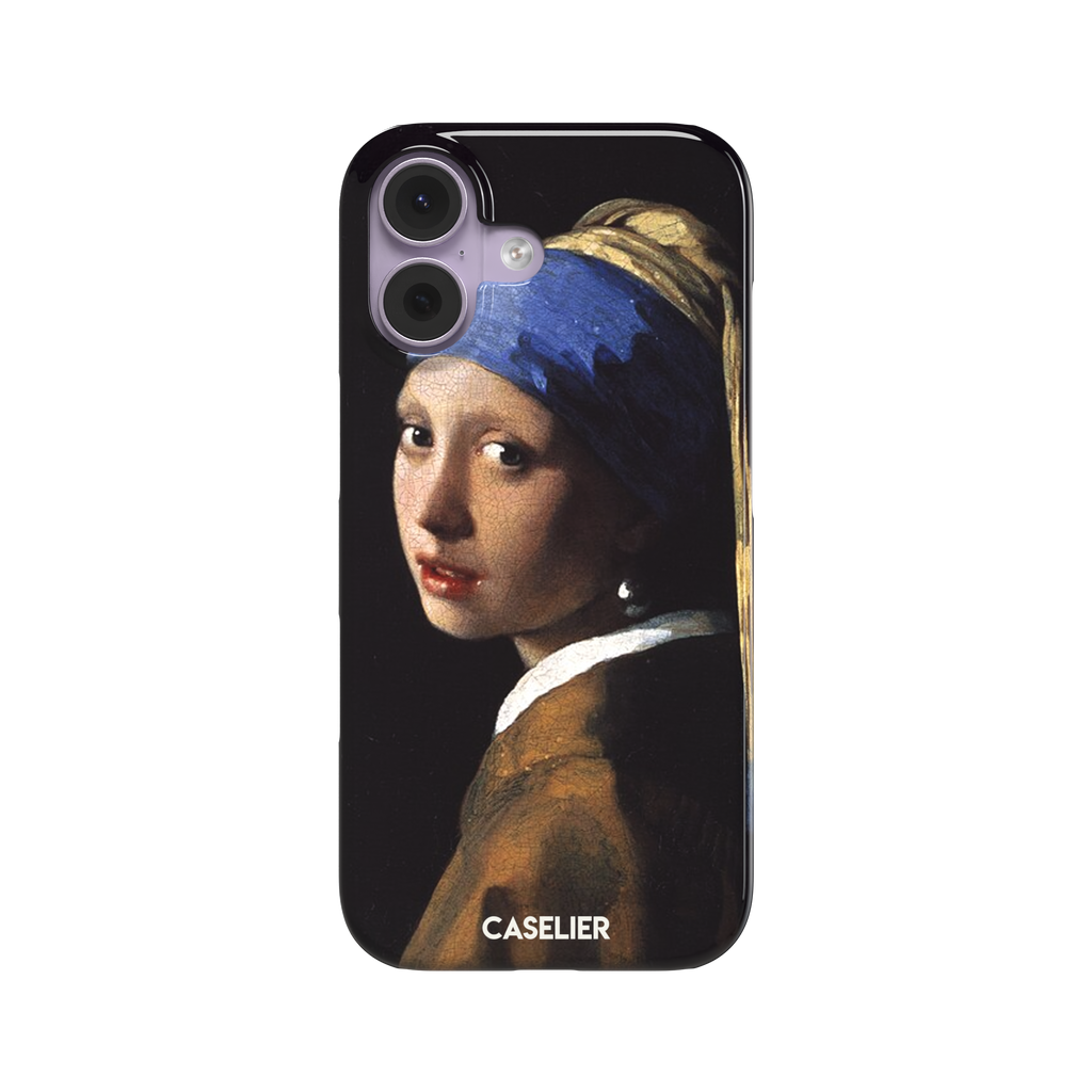Girl with a Pearl Earring by Johannes Vermeer, showing the young woman in a blue and gold turban against a black background with a pearl earring, phone case by Caselier — snap case, front view