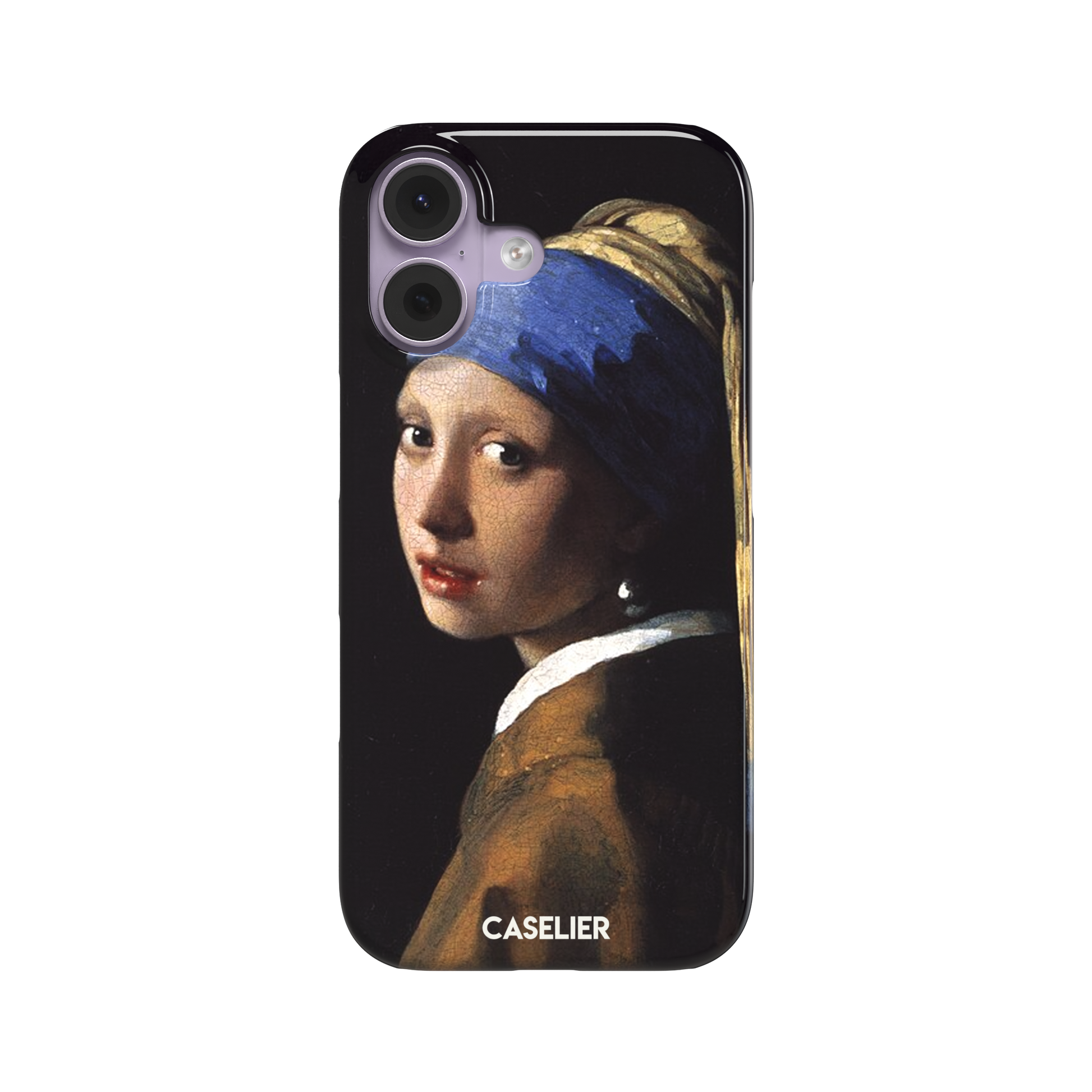 Girl with a Pearl Earring by Johannes Vermeer, showing the young woman in a blue and gold turban against a black background with a pearl earring, phone case by Caselier — snap case, front view