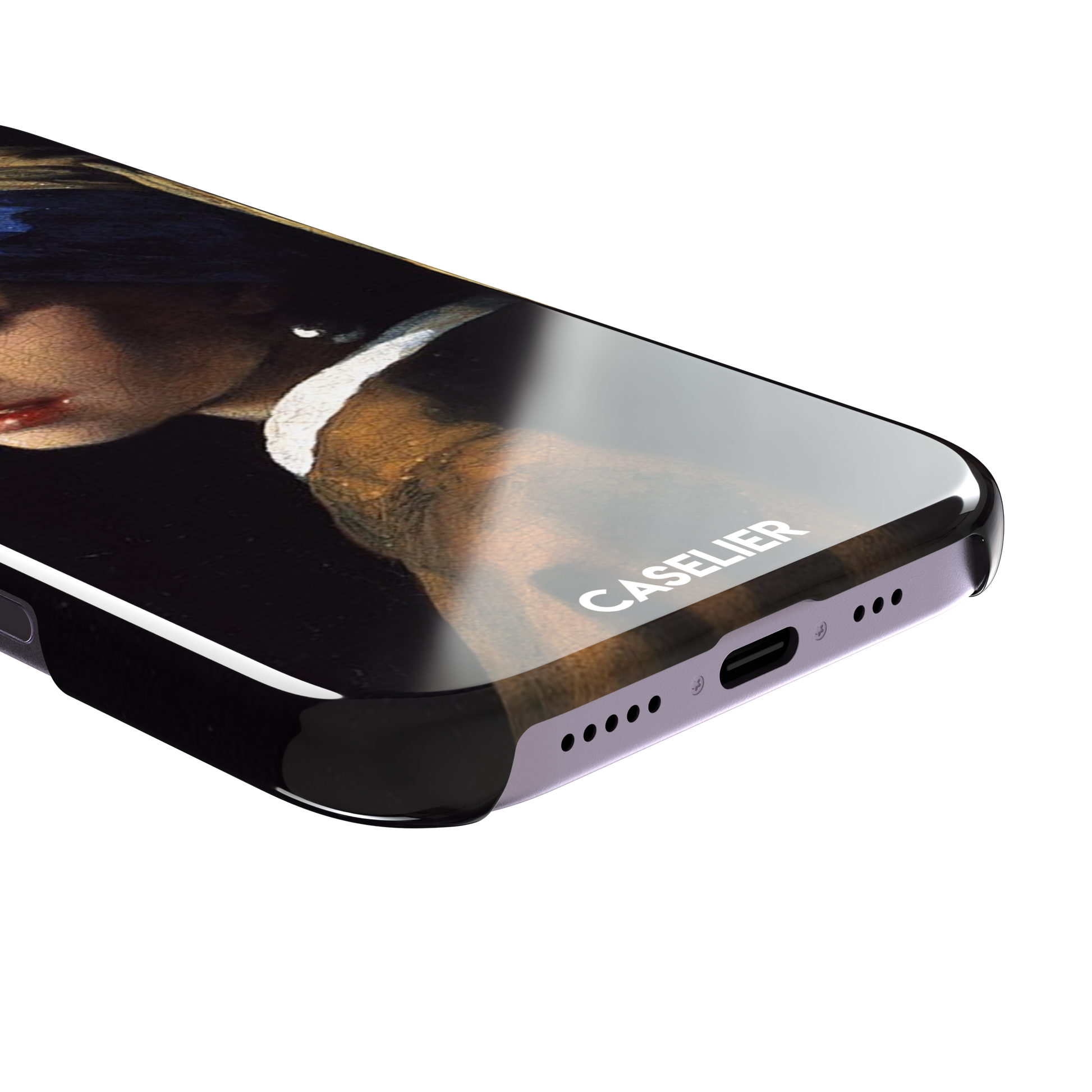 Girl with a Pearl Earring by Johannes Vermeer, showing the young woman in a blue and gold turban against a black background with a pearl earring, phone case by Caselier — snap case, charging port detail