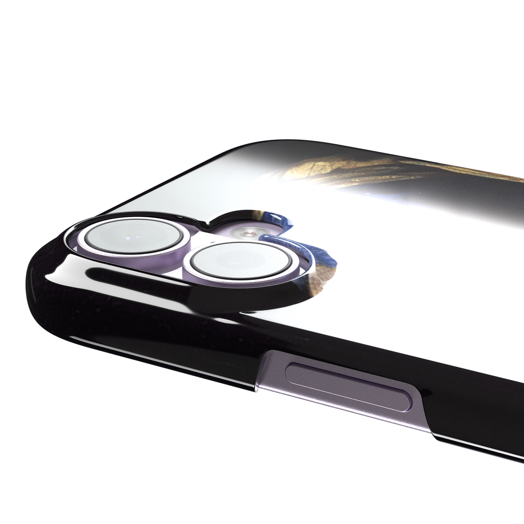 Girl with a Pearl Earring by Johannes Vermeer, showing the young woman in a blue and gold turban against a black background with a pearl earring, phone case by Caselier — snap case, volume buttons detail