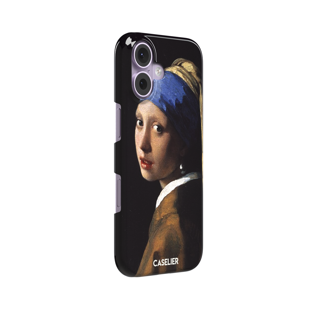 Girl with a Pearl Earring by Johannes Vermeer, showing the young woman in a blue and gold turban against a black background with a pearl earring, phone case by Caselier — snap case, left view