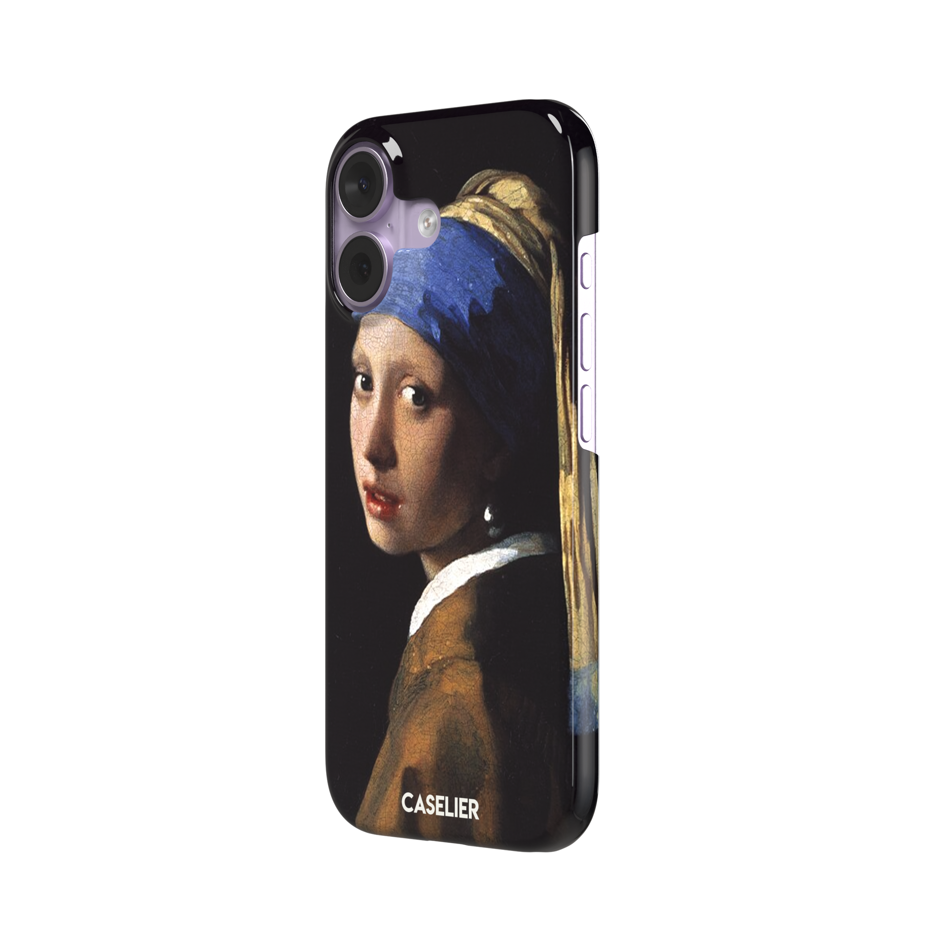 Girl with a Pearl Earring by Johannes Vermeer, showing the young woman in a blue and gold turban against a black background with a pearl earring, phone case by Caselier — snap case, right view