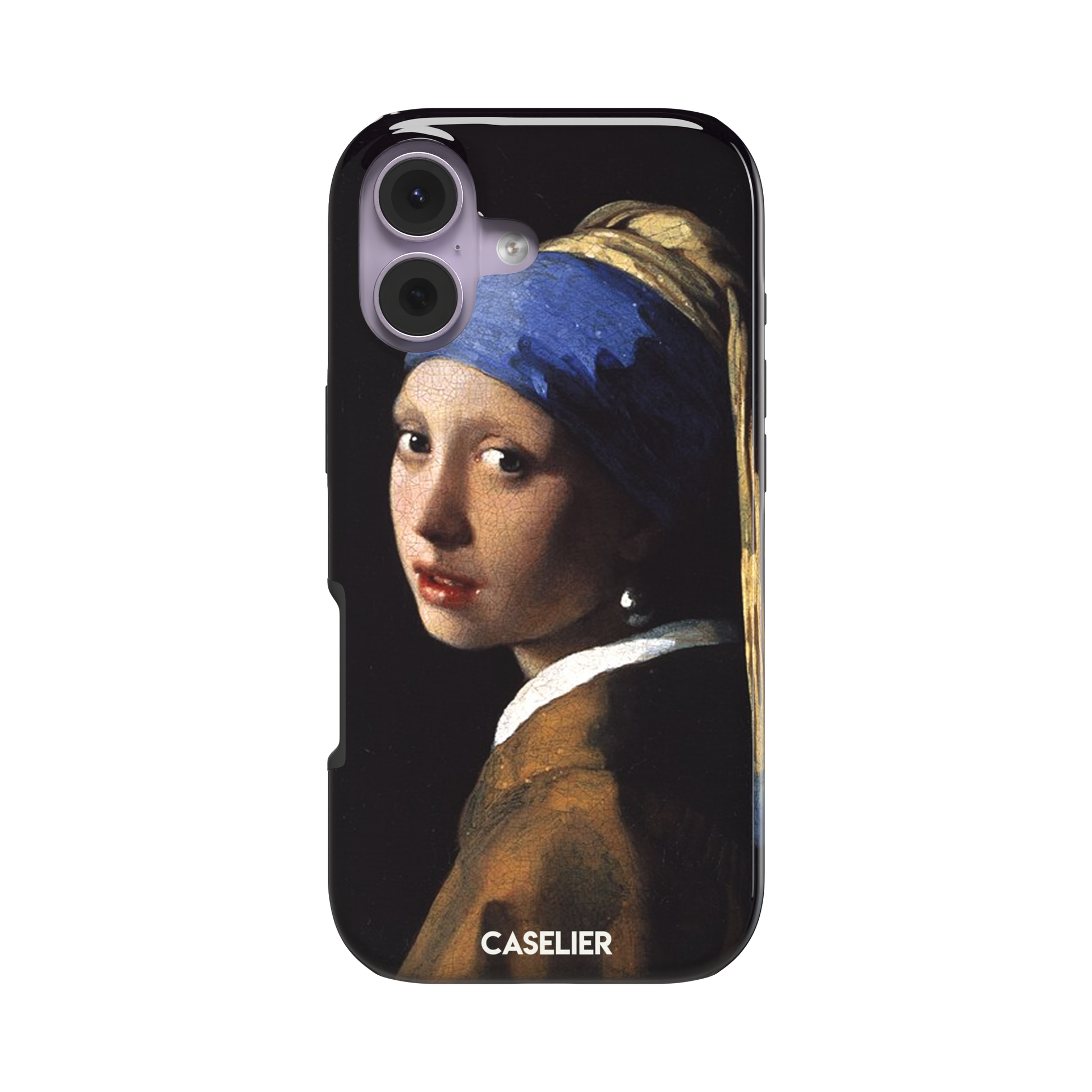 Girl with a Pearl Earring by Johannes Vermeer, showing the young woman in a blue and gold turban against a black background with a pearl earring, phone case by Caselier — tough case, front view