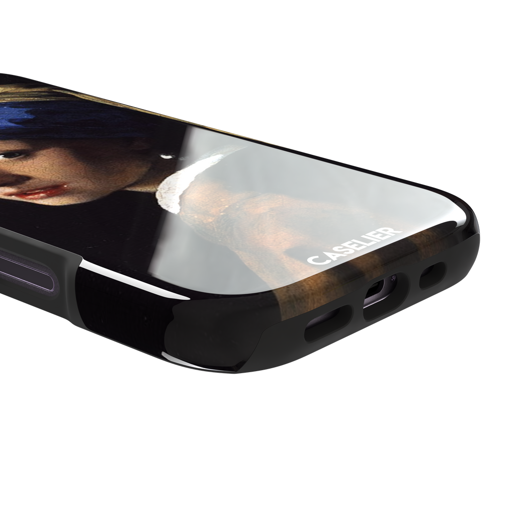 Girl with a Pearl Earring by Johannes Vermeer, showing the young woman in a blue and gold turban against a black background with a pearl earring, phone case by Caselier — tough case, charging port detail