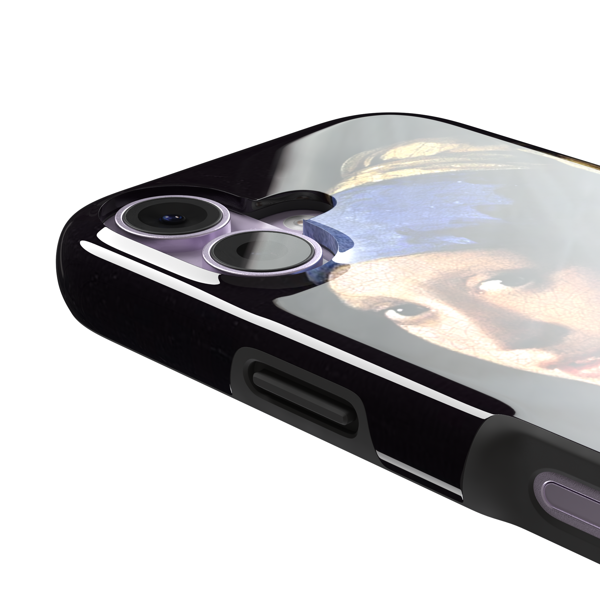Girl with a Pearl Earring by Johannes Vermeer, showing the young woman in a blue and gold turban against a black background with a pearl earring, phone case by Caselier — tough case, volume buttons detail