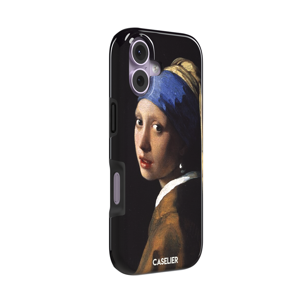 Girl with a Pearl Earring by Johannes Vermeer, showing the young woman in a blue and gold turban against a black background with a pearl earring, phone case by Caselier — tough case, left view