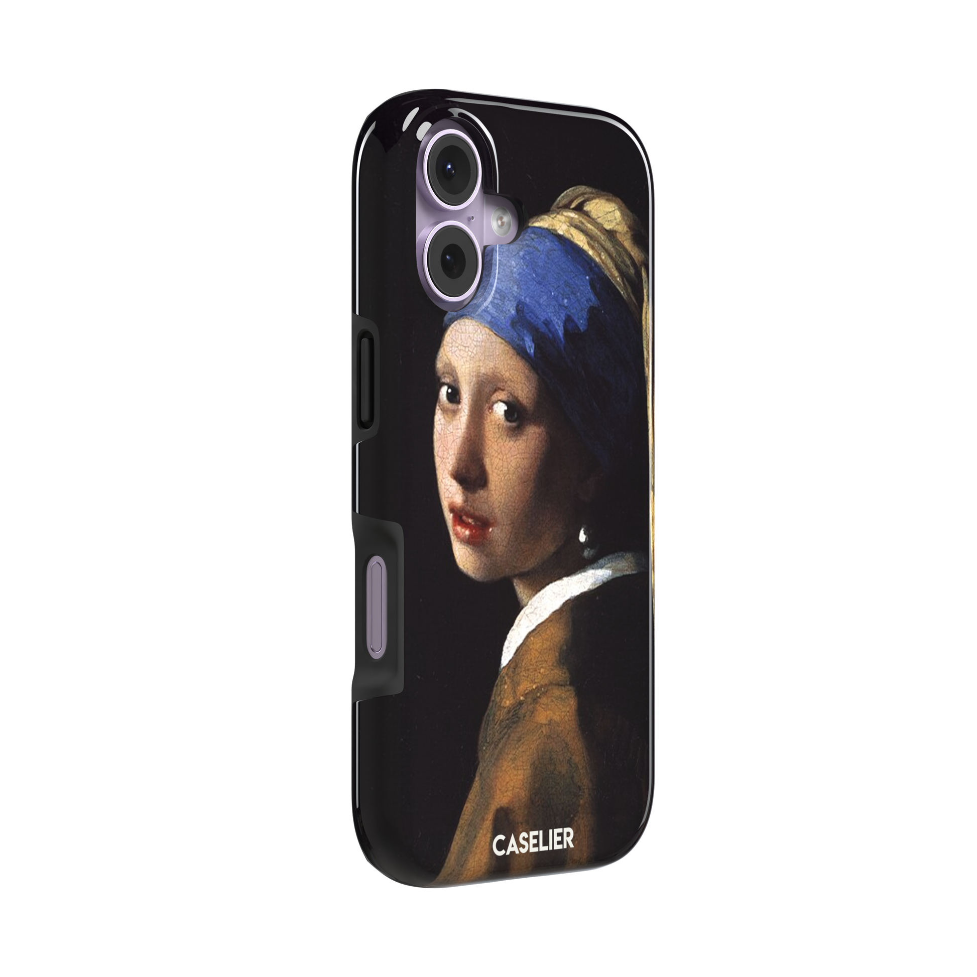 Girl with a Pearl Earring by Johannes Vermeer, showing the young woman in a blue and gold turban against a black background with a pearl earring, phone case by Caselier — tough case, left view