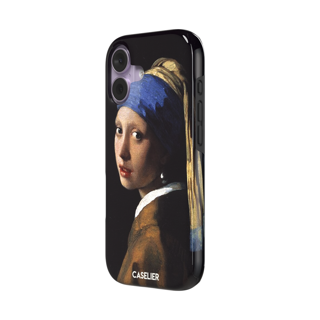 Girl with a Pearl Earring by Johannes Vermeer, showing the young woman in a blue and gold turban against a black background with a pearl earring, phone case by Caselier — tough case, right view