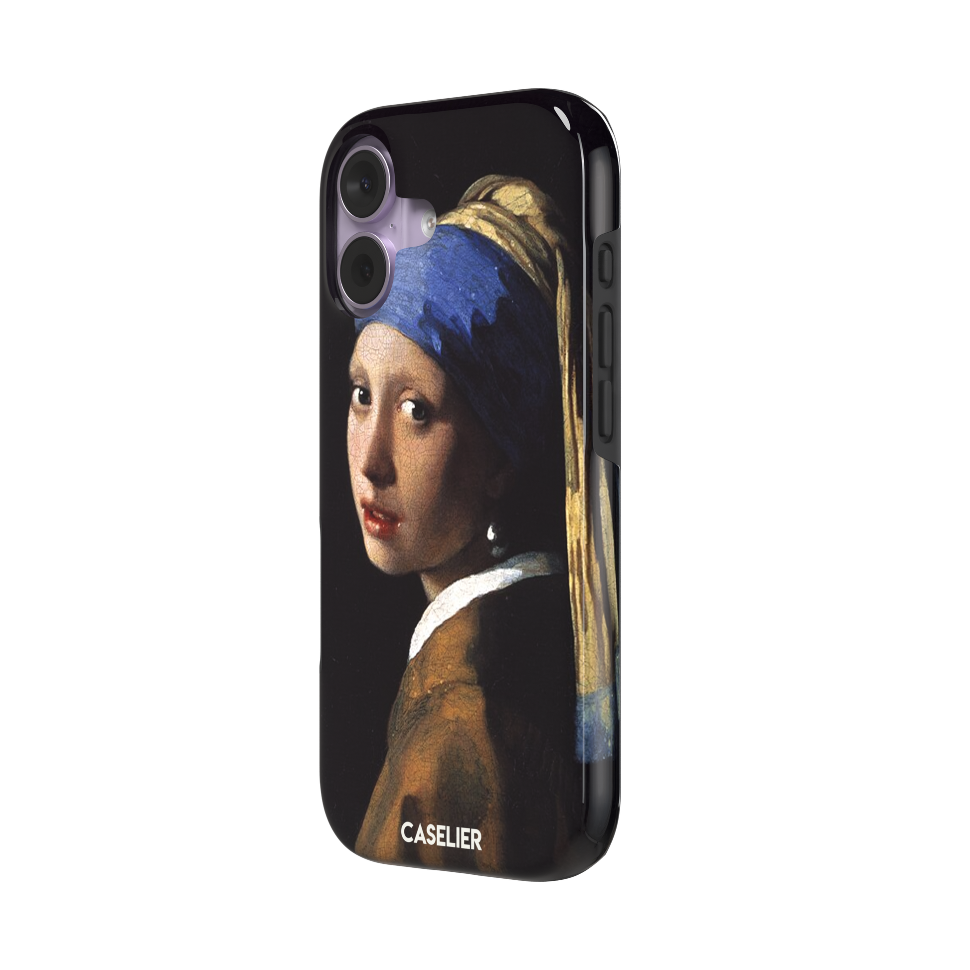 Girl with a Pearl Earring by Johannes Vermeer, showing the young woman in a blue and gold turban against a black background with a pearl earring, phone case by Caselier — tough case, right view