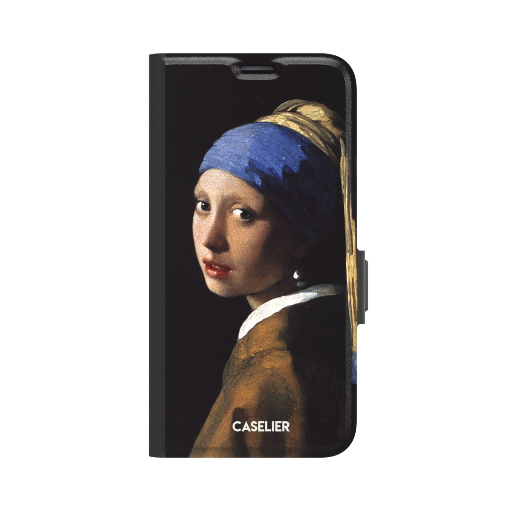 Girl with a Pearl Earring by Johannes Vermeer, showing the young woman in a blue and gold turban against a black background with a pearl earring, phone case by Caselier — wallet case, front view