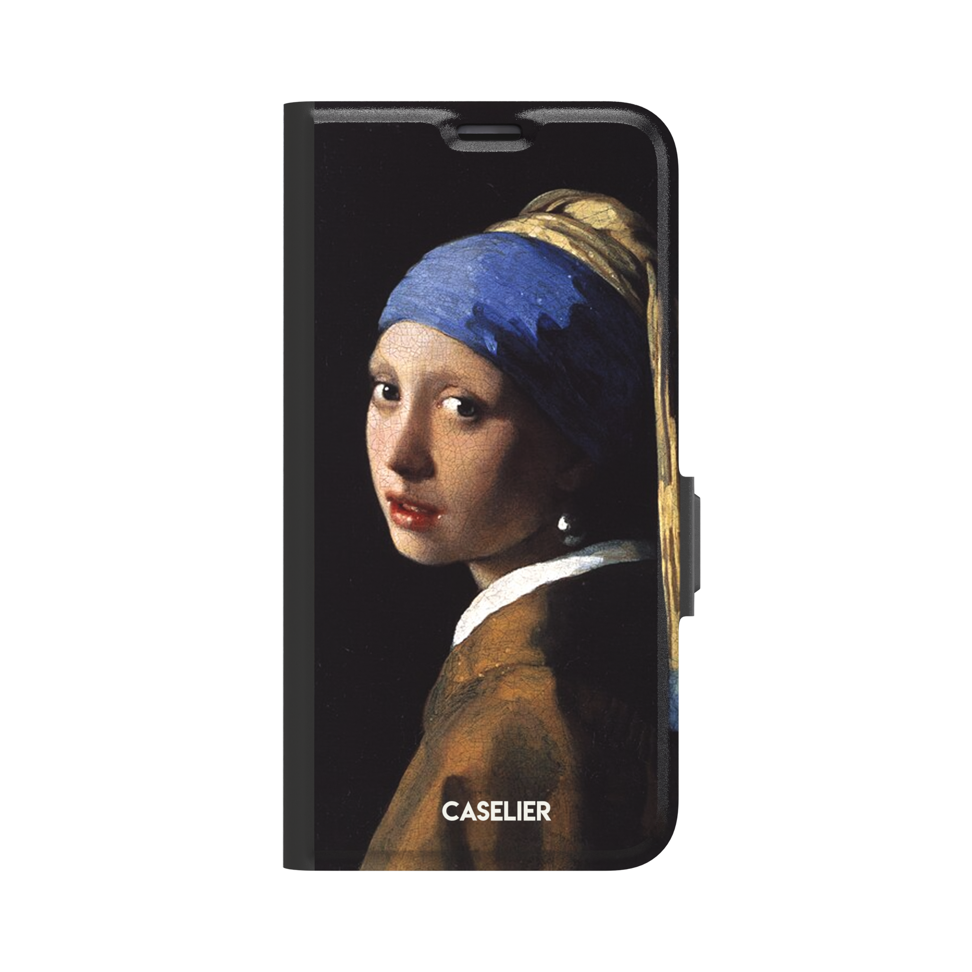 Girl with a Pearl Earring by Johannes Vermeer, showing the young woman in a blue and gold turban against a black background with a pearl earring, phone case by Caselier — wallet case, front view