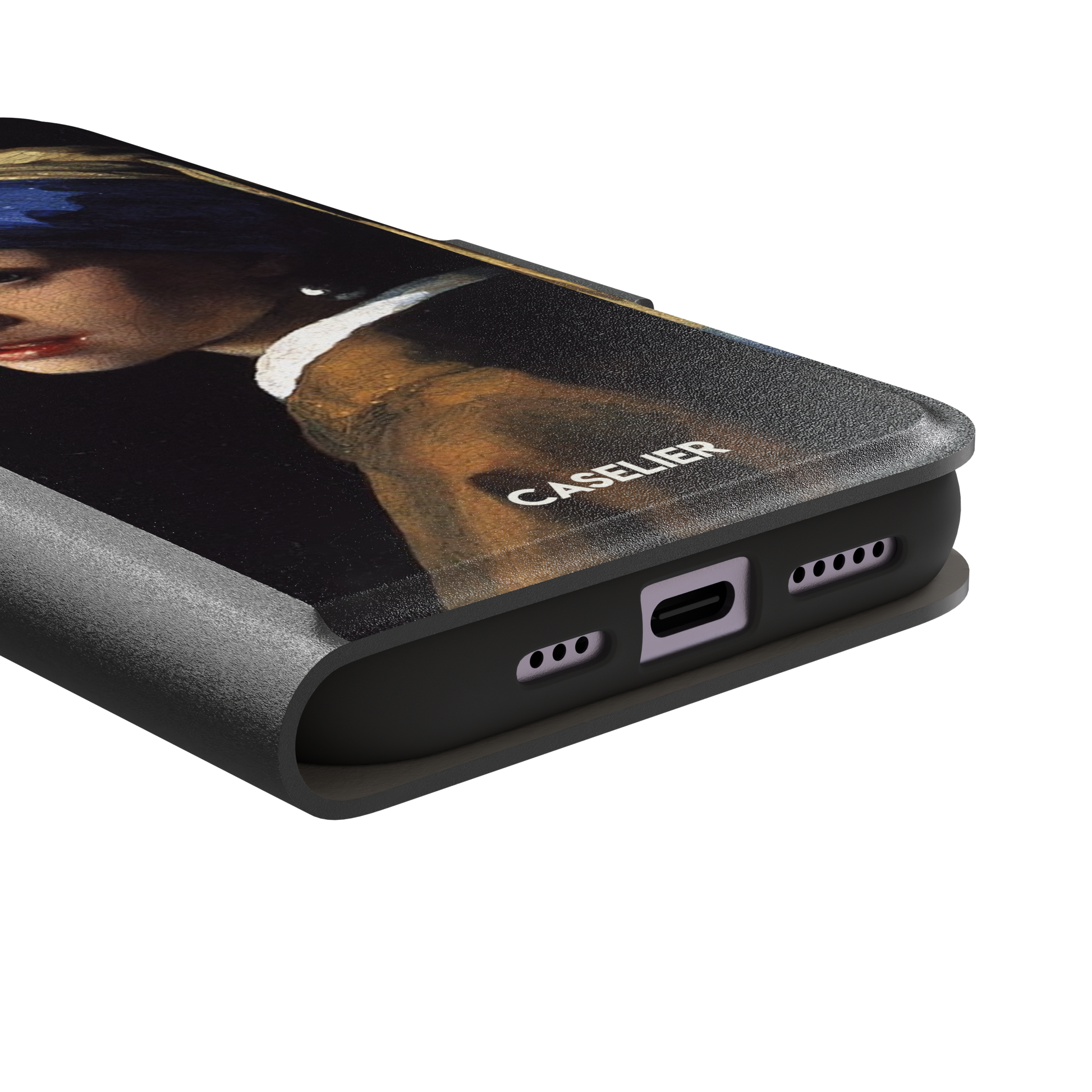 Girl with a Pearl Earring by Johannes Vermeer, showing the young woman in a blue and gold turban against a black background with a pearl earring, phone case by Caselier — wallet case, charging port detail