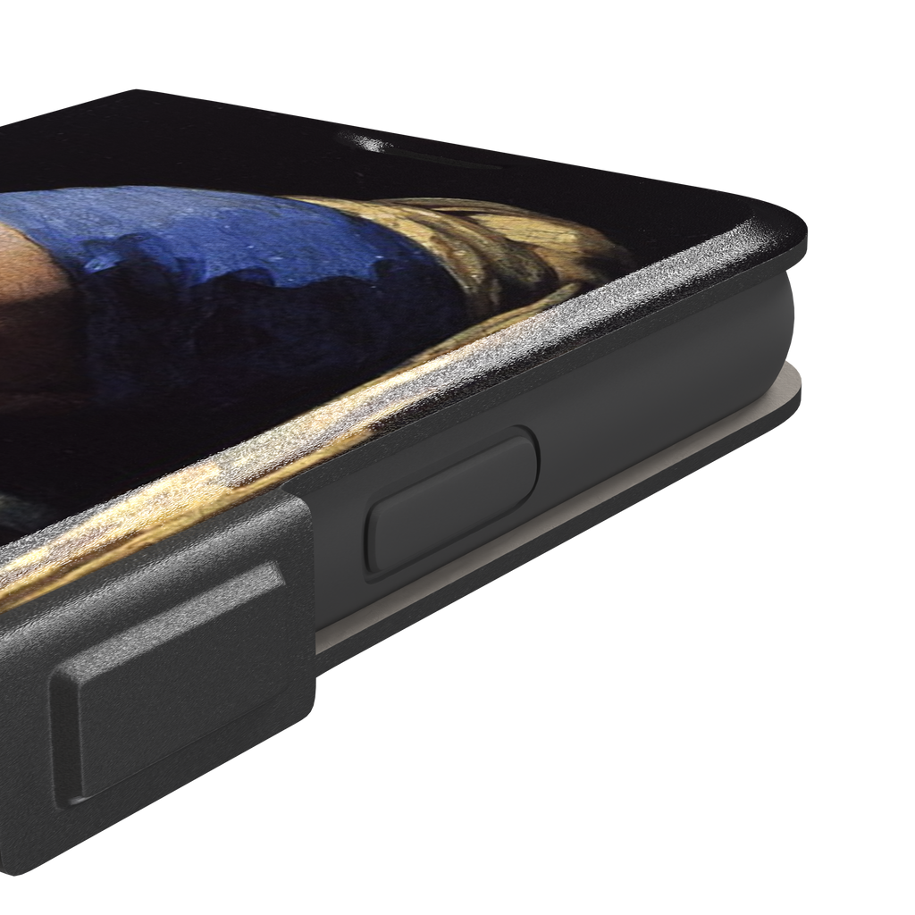 Girl with a Pearl Earring by Johannes Vermeer, showing the young woman in a blue and gold turban against a black background with a pearl earring, phone case by Caselier — wallet case, volume buttons detail