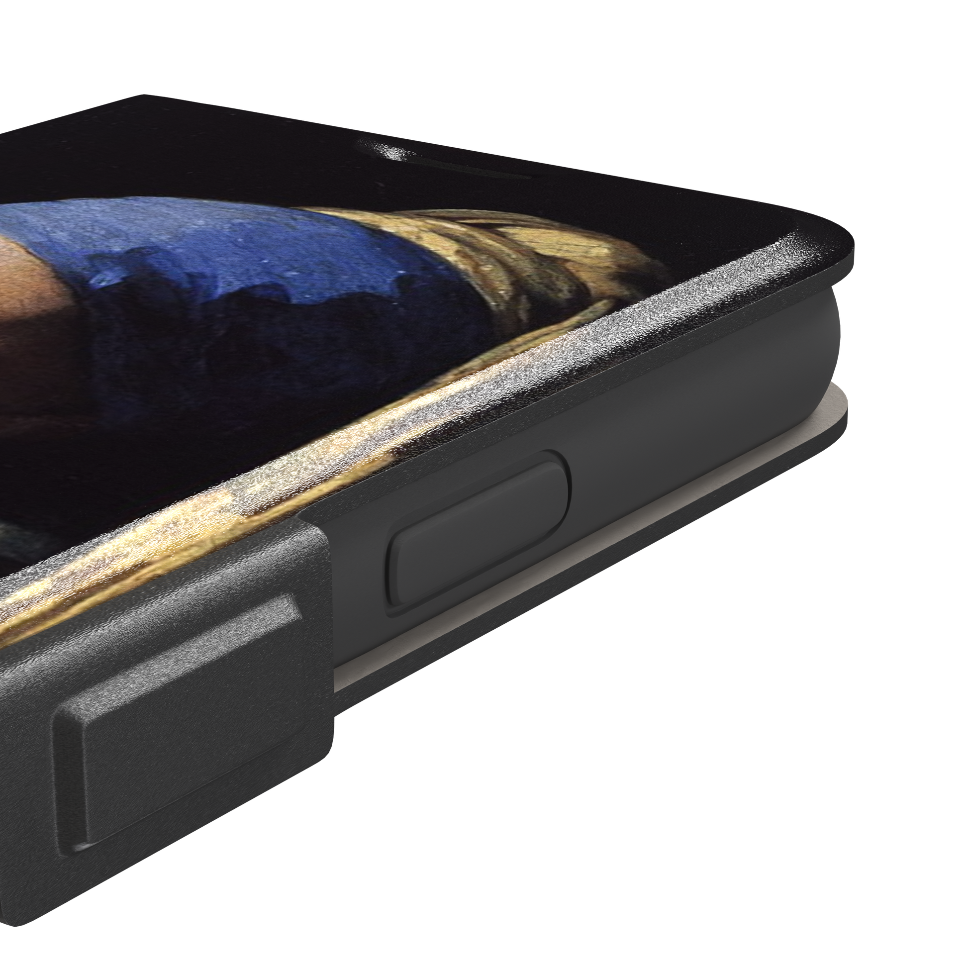 Girl with a Pearl Earring by Johannes Vermeer, showing the young woman in a blue and gold turban against a black background with a pearl earring, phone case by Caselier — wallet case, volume buttons detail