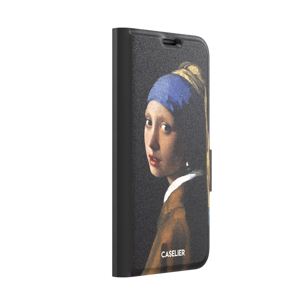 Girl with a Pearl Earring by Johannes Vermeer, showing the young woman in a blue and gold turban against a black background with a pearl earring, phone case by Caselier — wallet case, left view