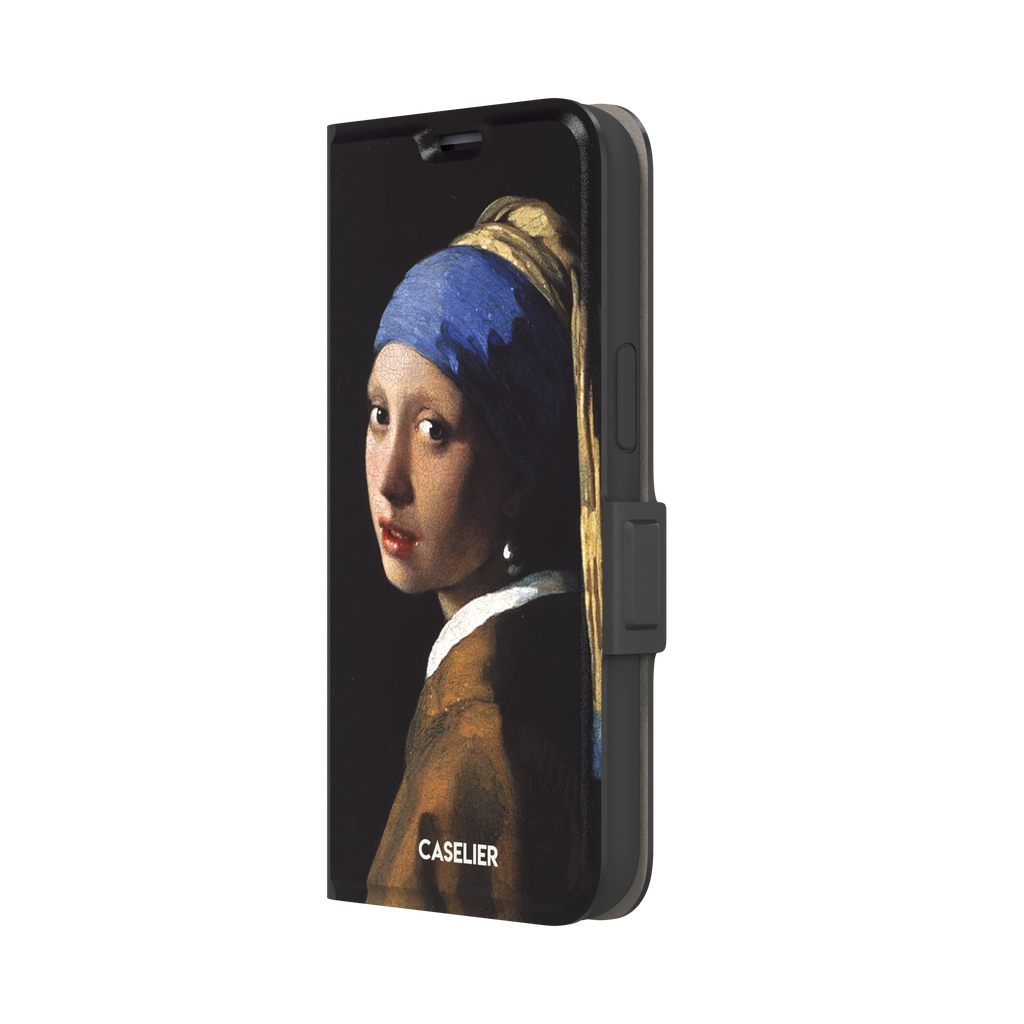 Girl with a Pearl Earring by Johannes Vermeer, showing the young woman in a blue and gold turban against a black background with a pearl earring, phone case by Caselier — wallet case, right view