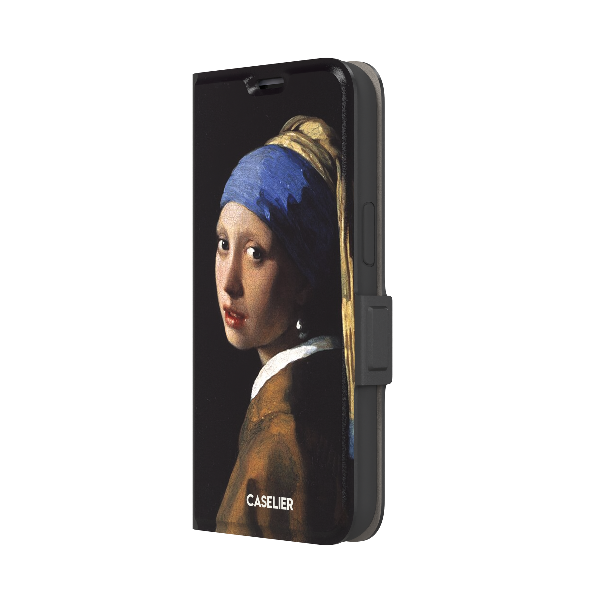Girl with a Pearl Earring by Johannes Vermeer, showing the young woman in a blue and gold turban against a black background with a pearl earring, phone case by Caselier — wallet case, right view