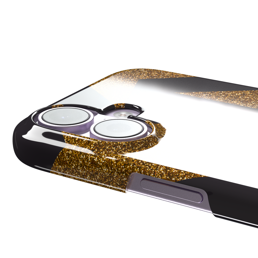 Glitter Star, overlapping glitter stars in gold on black, snap case, volume buttons detail, phone case by Caselier
