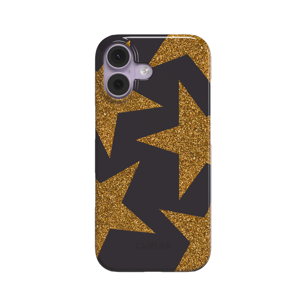 Front view of a snap phone case featuring oversized gold glitter stars scattered across a deep charcoal-black background in a bold all-over pattern, white background, phone case by Caselier - snap case, front view | Caselier