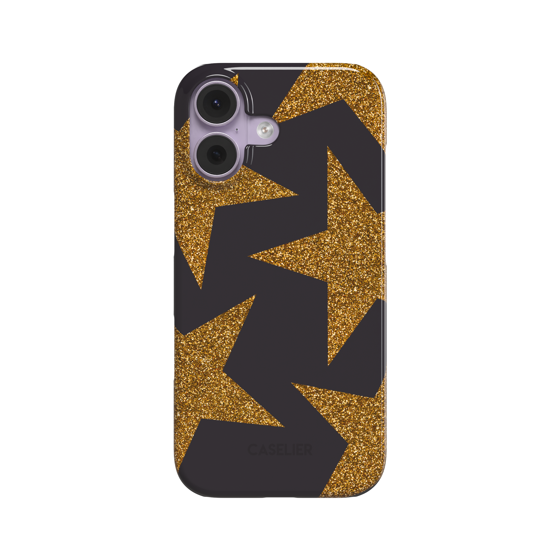 Front view of a snap phone case featuring oversized gold glitter stars scattered across a deep charcoal-black background in a bold all-over pattern, white background, phone case by Caselier - snap case, front view | Caselier