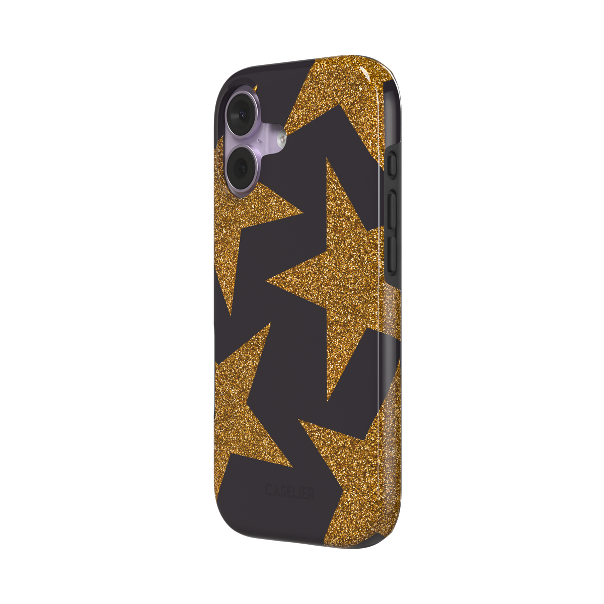 Glitter Star, overlapping glitter stars in gold on black, tough case, right view, phone case by Caselier