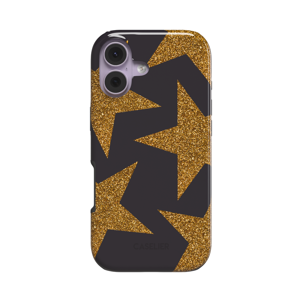 Slightly angled front view of a snap phone case with oversized gold glitter stars on a dark charcoal background, showing side profile and slim case depth, white background, phone case by Caselier - tough case, front view | Caselier