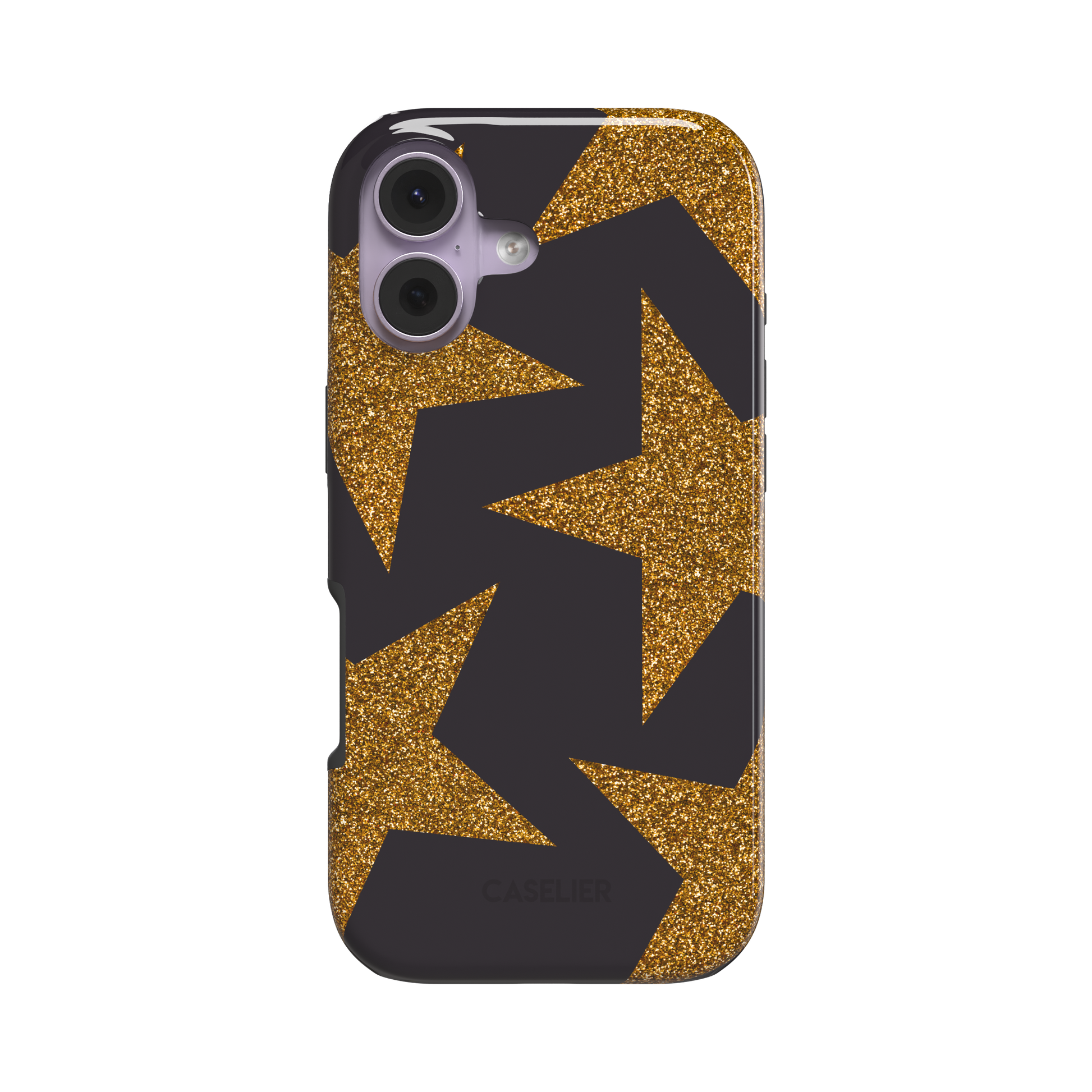 Slightly angled front view of a snap phone case with oversized gold glitter stars on a dark charcoal background, showing side profile and slim case depth, white background, phone case by Caselier - tough case, front view | Caselier