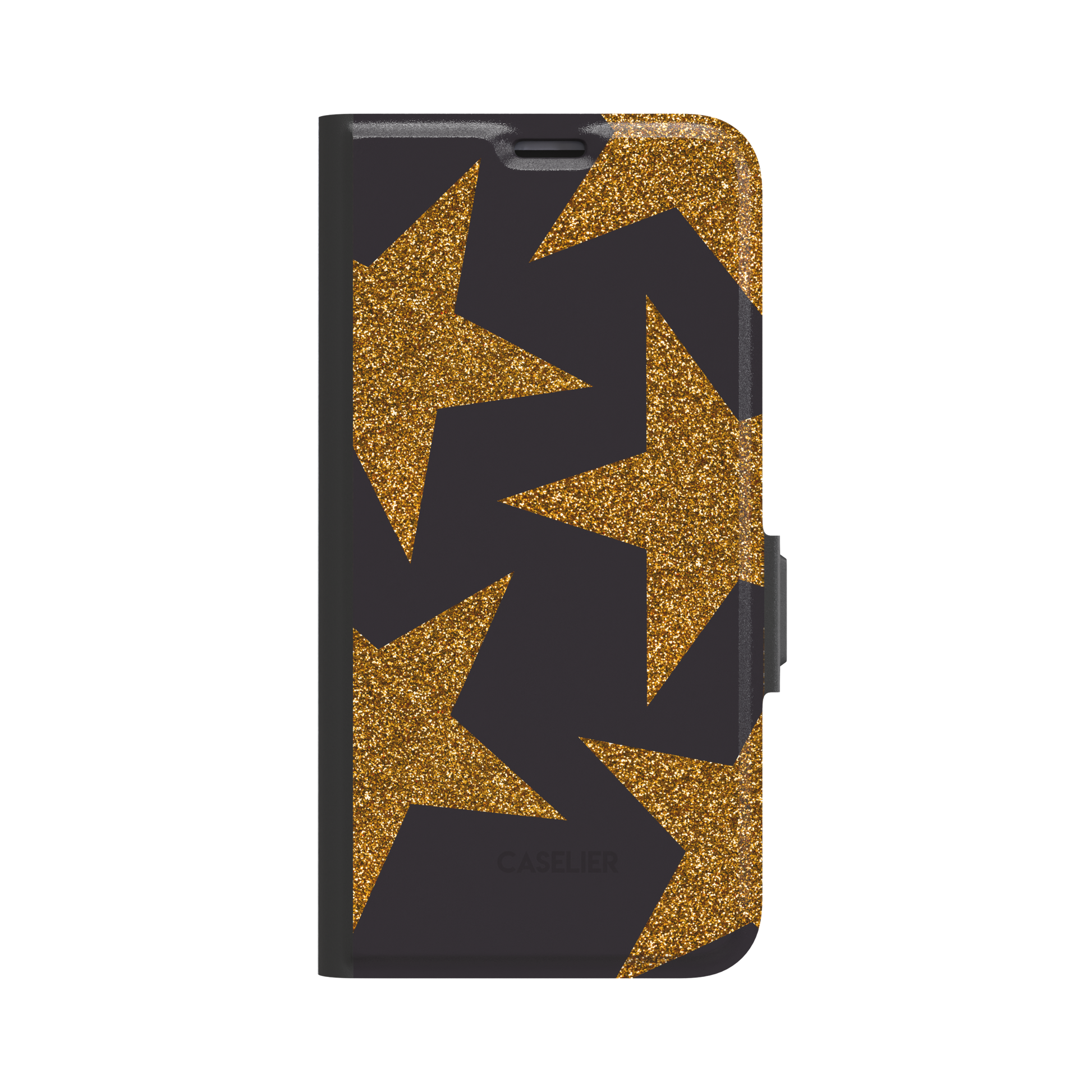 Front view of a folio wallet phone case featuring oversized gold glitter stars on a black background, black spine and magnetic clasp visible, white background, phone case by Caselier - wallet case, front view | Caselier