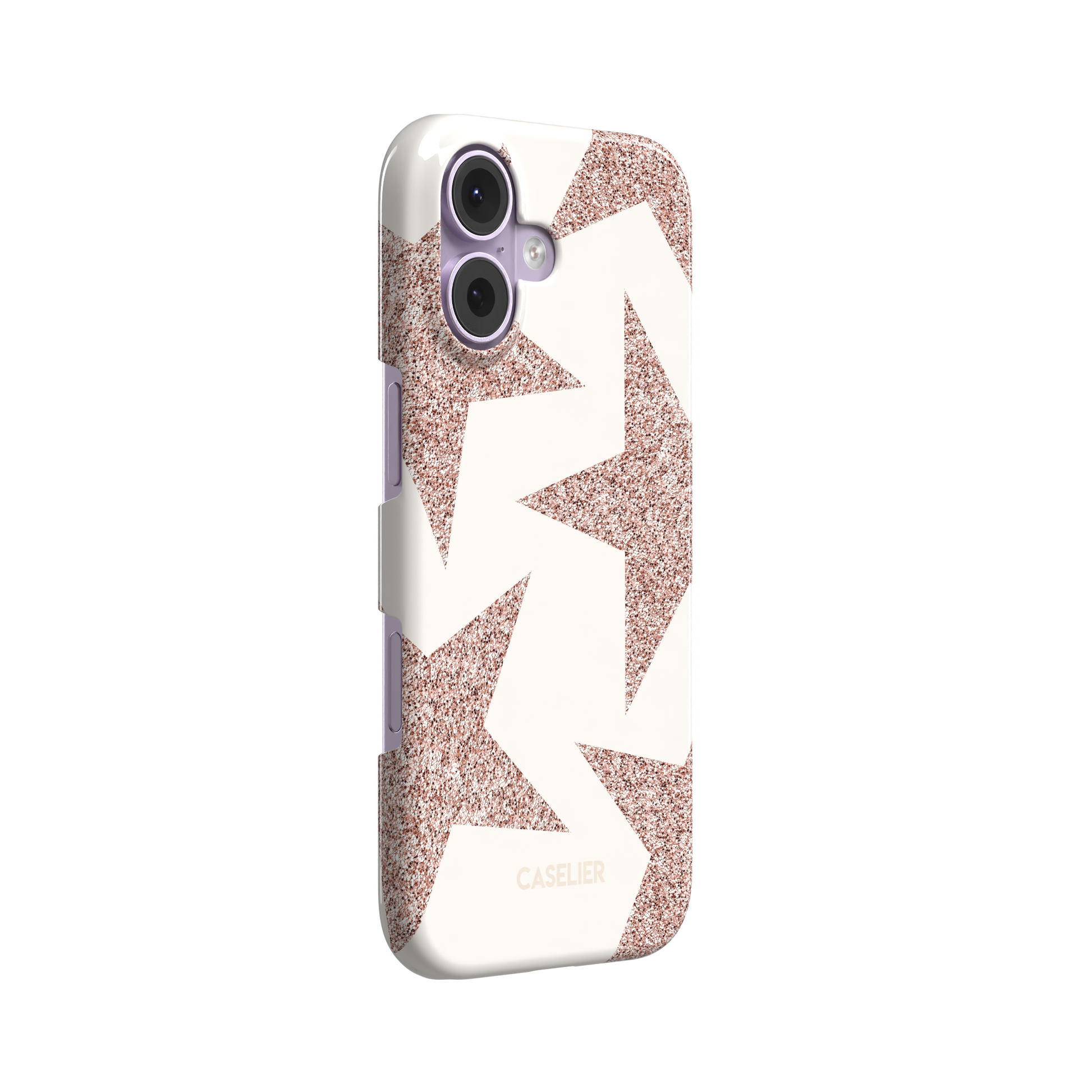 Glitter Star, overlapping glitter stars in rose gold on cream, snap case, left view, phone case by Caselier