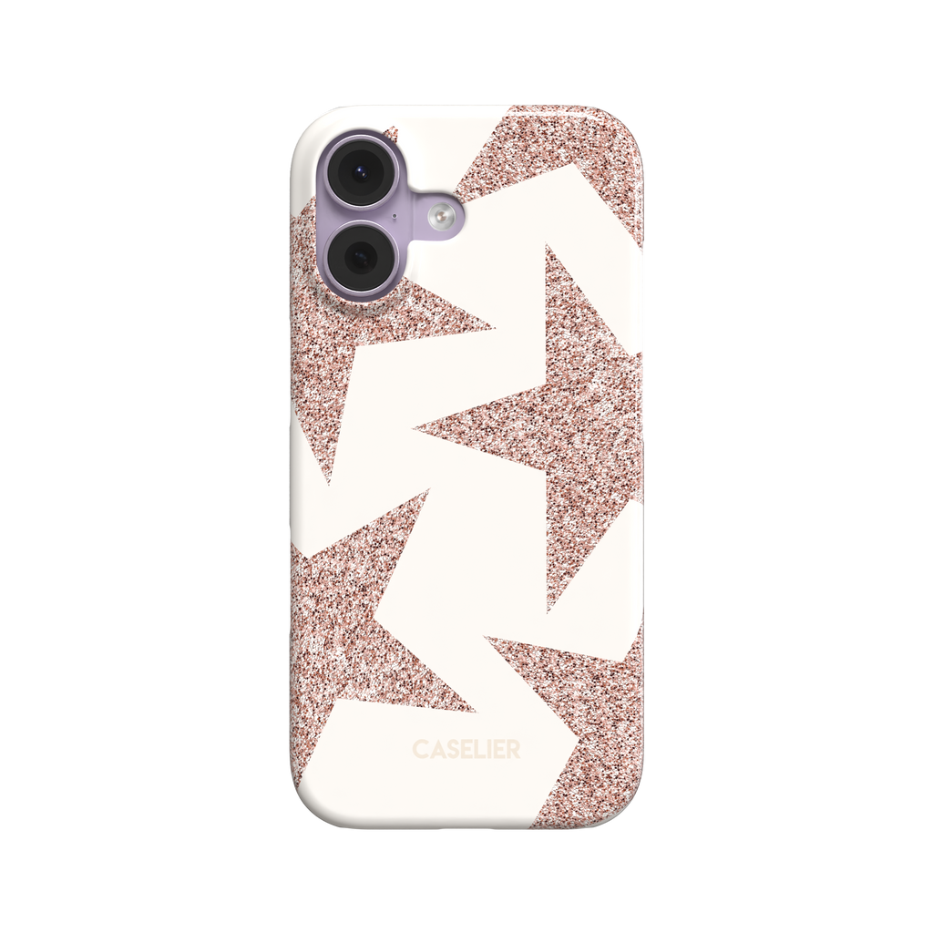 Front view of a snap phone case featuring oversized rose gold glitter stars scattered across a cream background in a bold all-over pattern, white background, phone case by Caselier - snap case, front view | Caselier