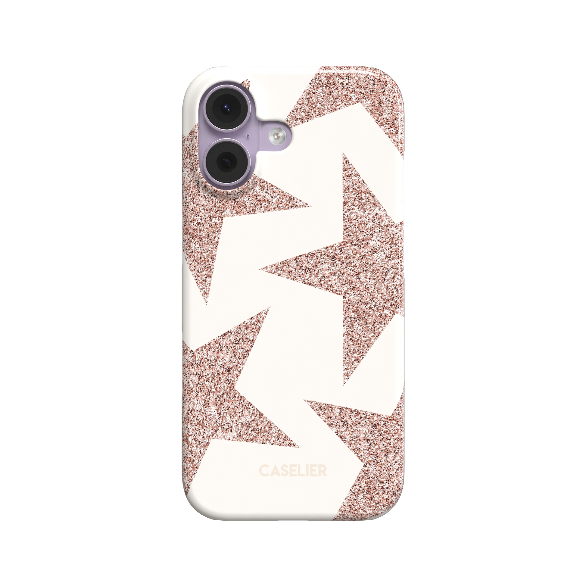 Front view of a snap phone case featuring oversized rose gold glitter stars scattered across a cream background in a bold all-over pattern, white background, phone case by Caselier - snap case, front view | Caselier
