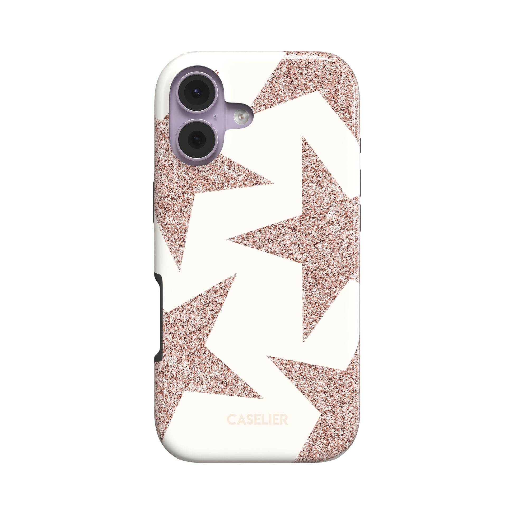 Slightly angled front view of a snap phone case with oversized rose gold glitter stars on a cream background, showing the slim profile and side buttons, white background, phone case by Caselier - tough case, front view | Caselier