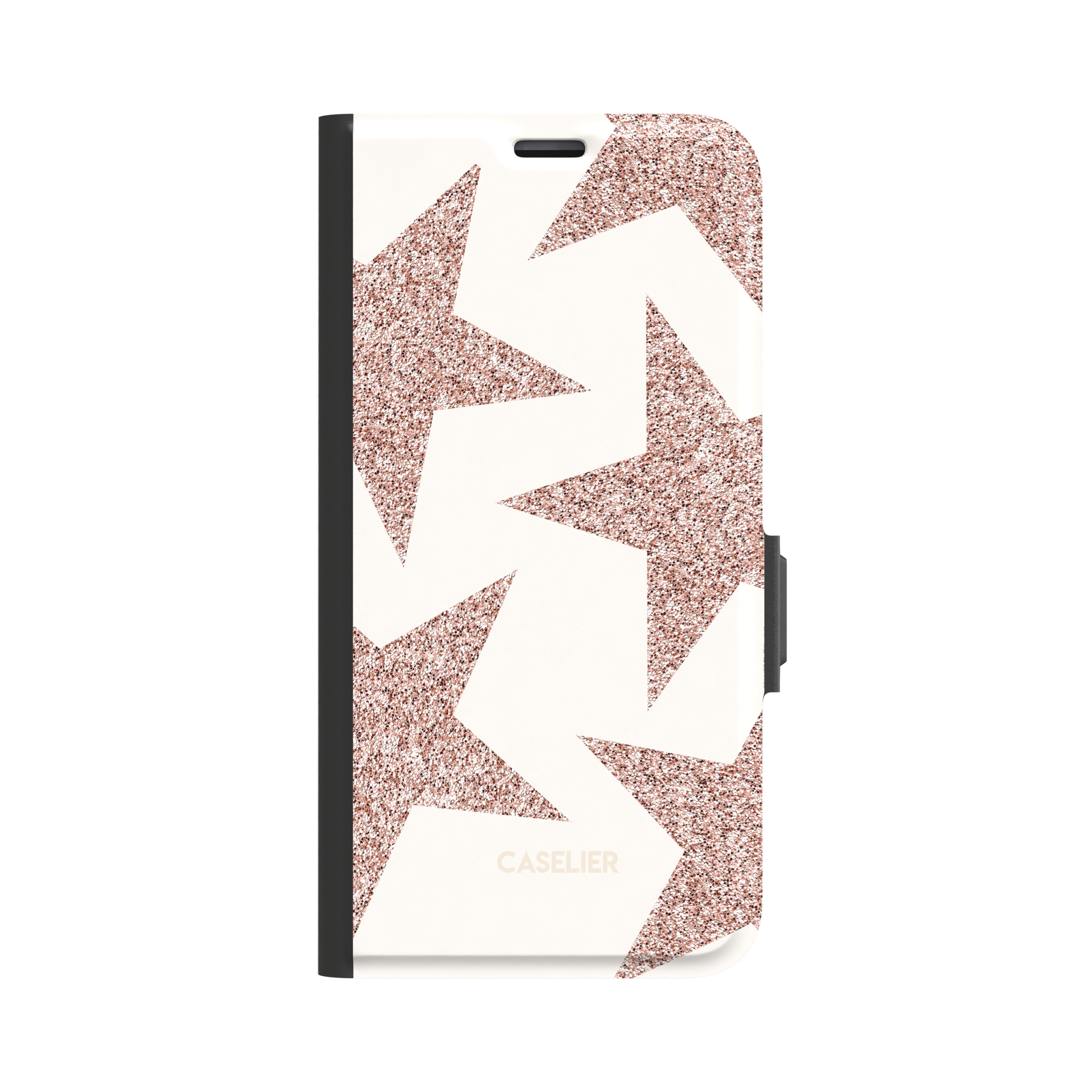 Front view of a folio wallet phone case featuring oversized rose gold glitter stars on a cream background, black spine and magnetic clasp visible, white background, phone case by Caselier - wallet case, front view | Caselier