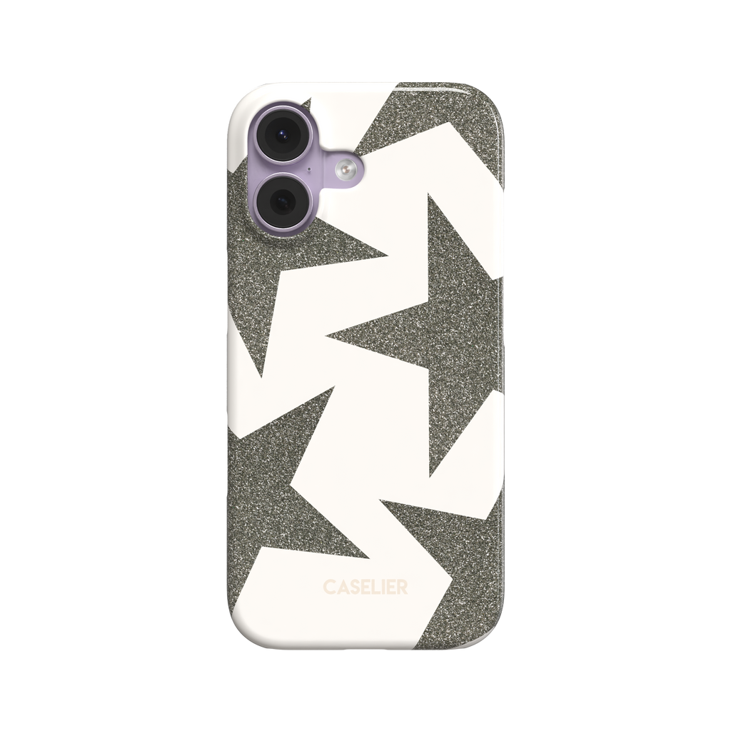 Front view of a snap phone case featuring oversized silver-grey glitter stars scattered across a cream background in a bold all-over pattern, white background, phone case by Caselier - snap case, front view | Caselier