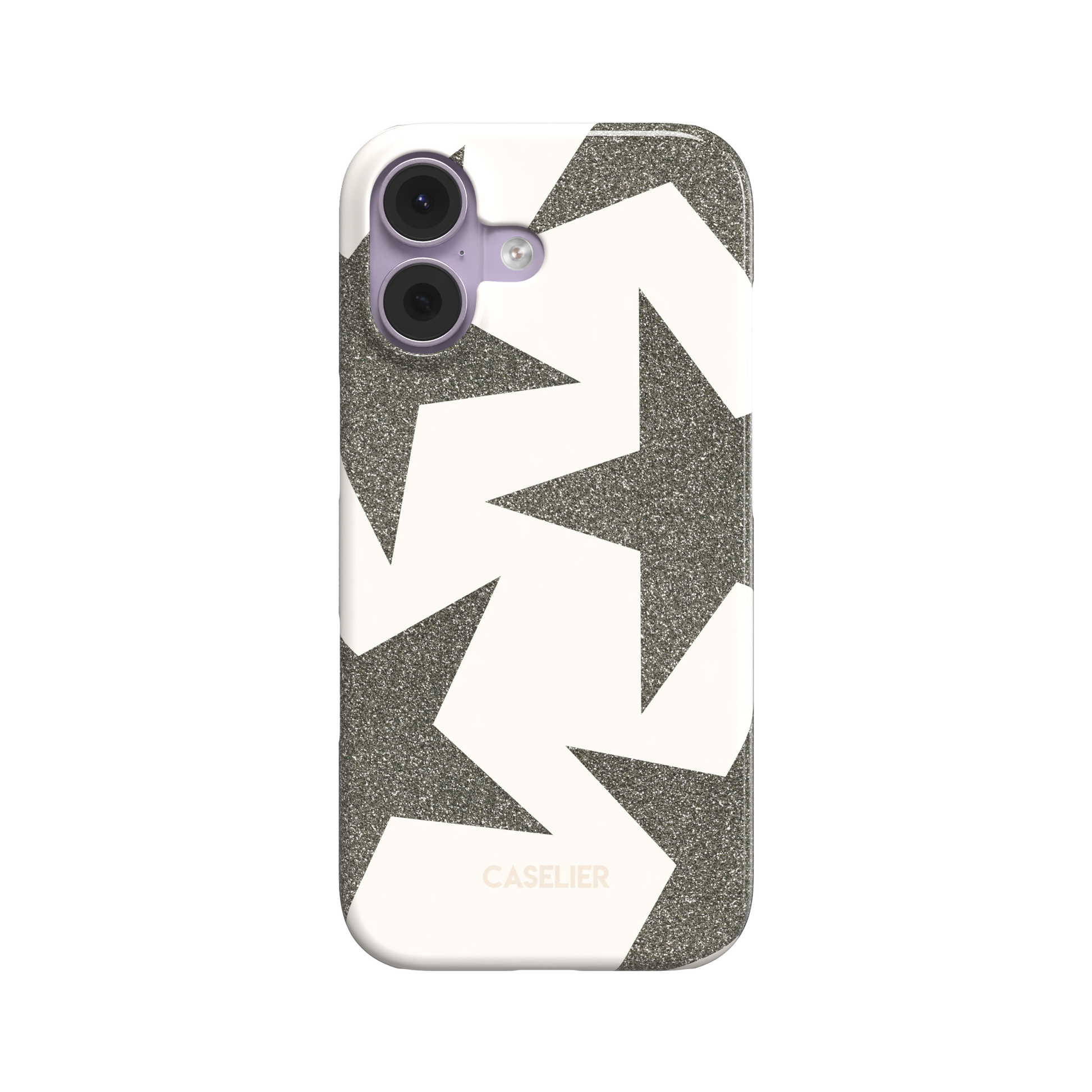 Front view of a snap phone case featuring oversized silver-grey glitter stars scattered across a cream background in a bold all-over pattern, white background, phone case by Caselier - snap case, front view | Caselier