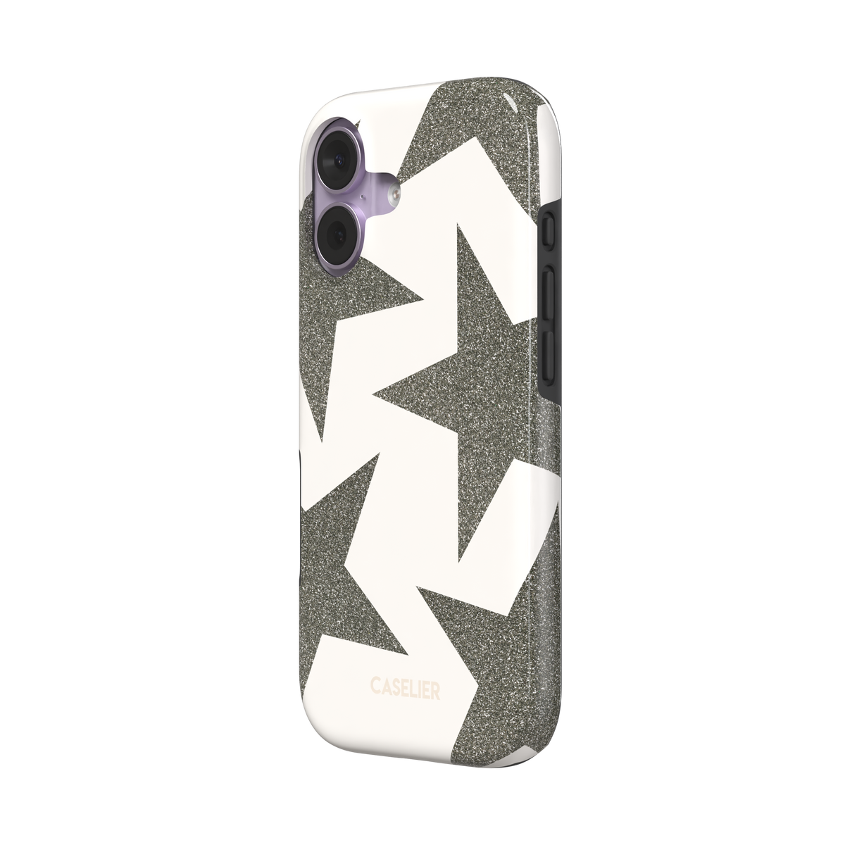 Glitter Star, overlapping glitter stars in pewter grey on white, tough case, right view, phone case by Caselier