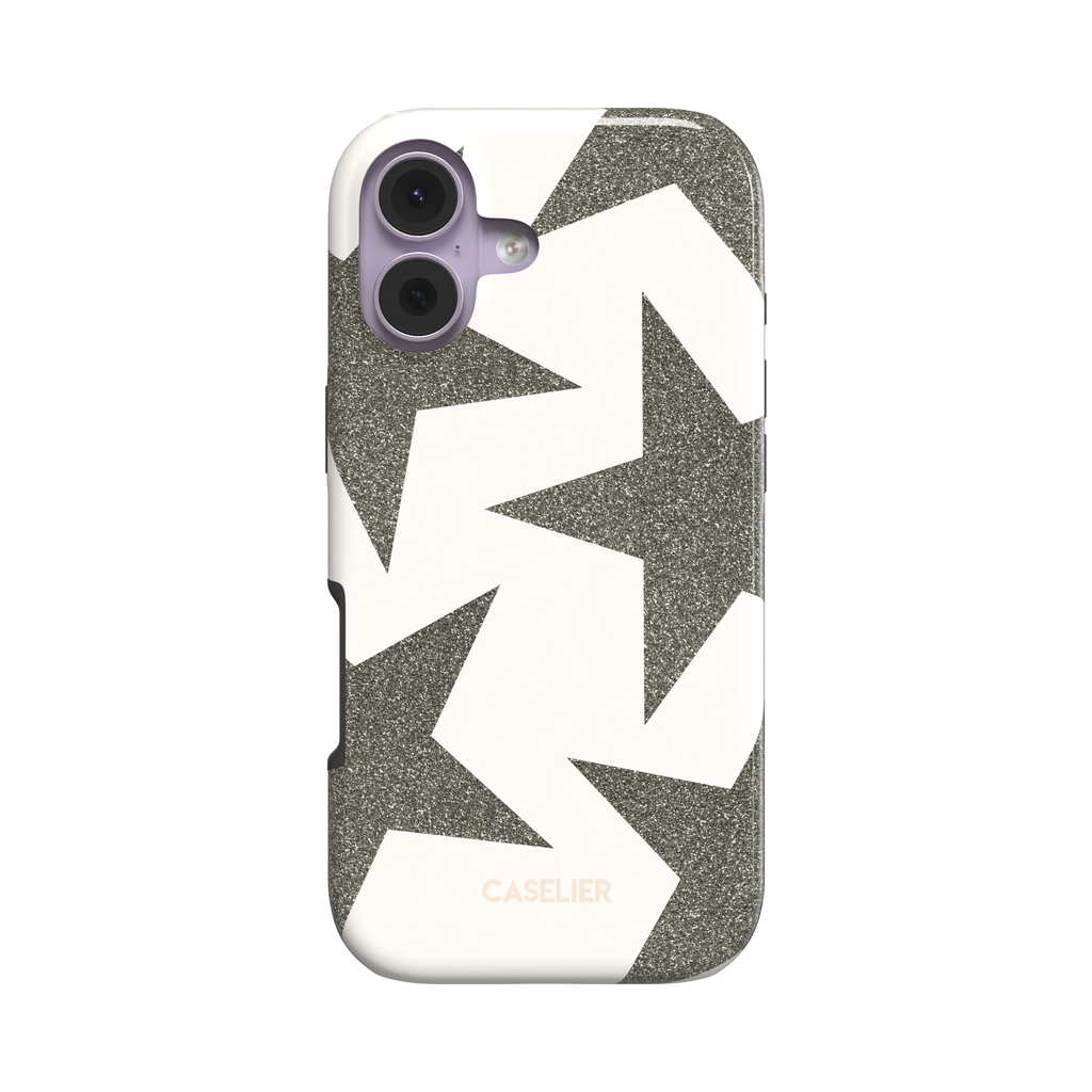 Slightly angled front view of a snap phone case with oversized silver-grey glitter stars on a cream background, showing the side profile and slim case depth, white background, phone case by Caselier - tough case, front view | Caselier