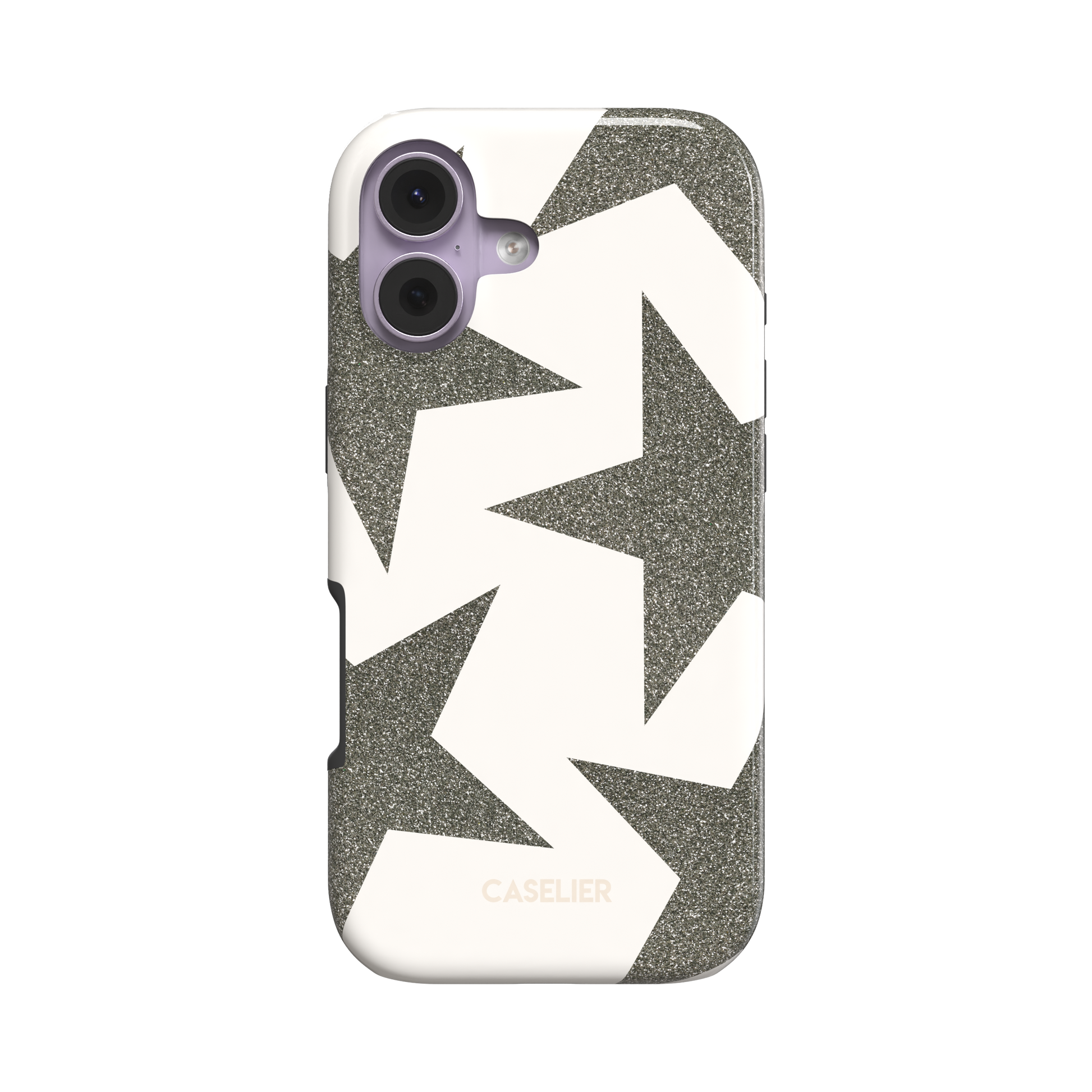 Slightly angled front view of a snap phone case with oversized silver-grey glitter stars on a cream background, showing the side profile and slim case depth, white background, phone case by Caselier - tough case, front view | Caselier